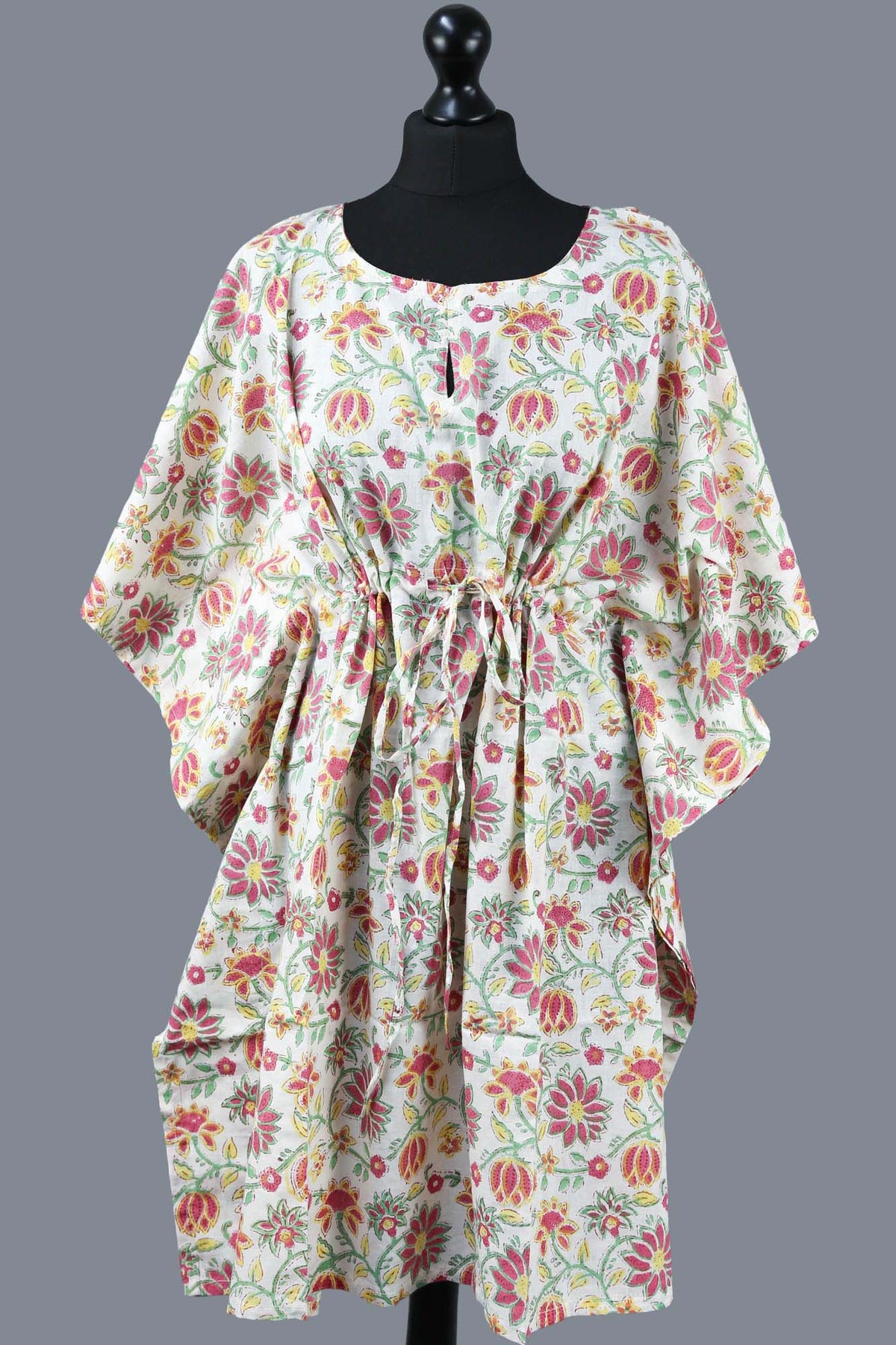 Block Printed Cotton Coverup / Kaftans - Red Floral On Cream Base