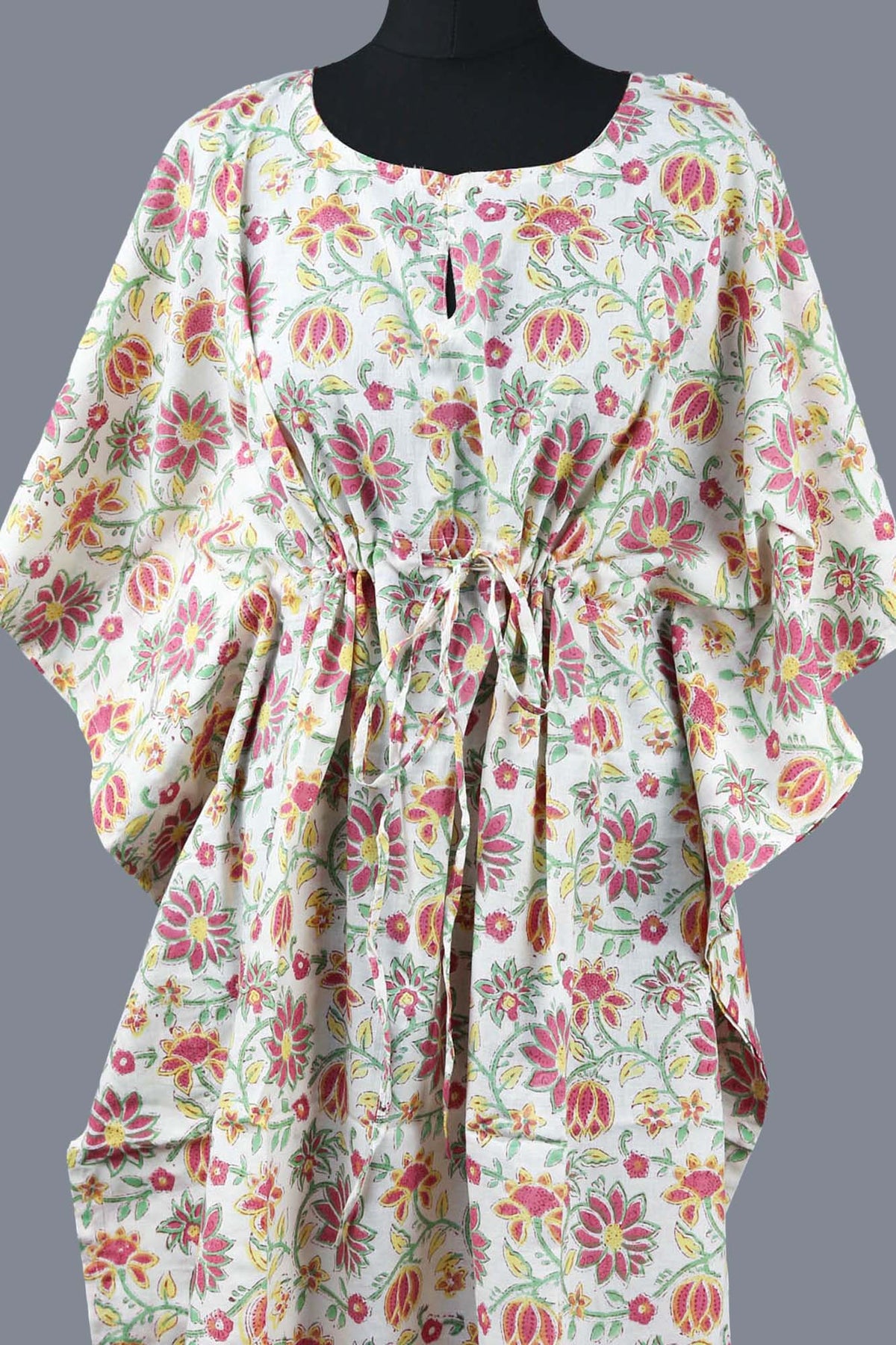 Block Printed Cotton Coverup / Kaftans - Red Floral On Cream Base
