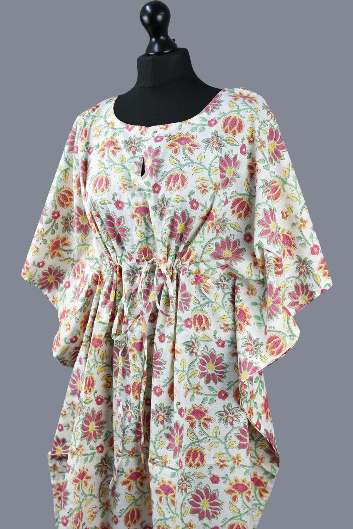 Block Printed Cotton Coverup / Kaftans - Red Floral On Cream Base