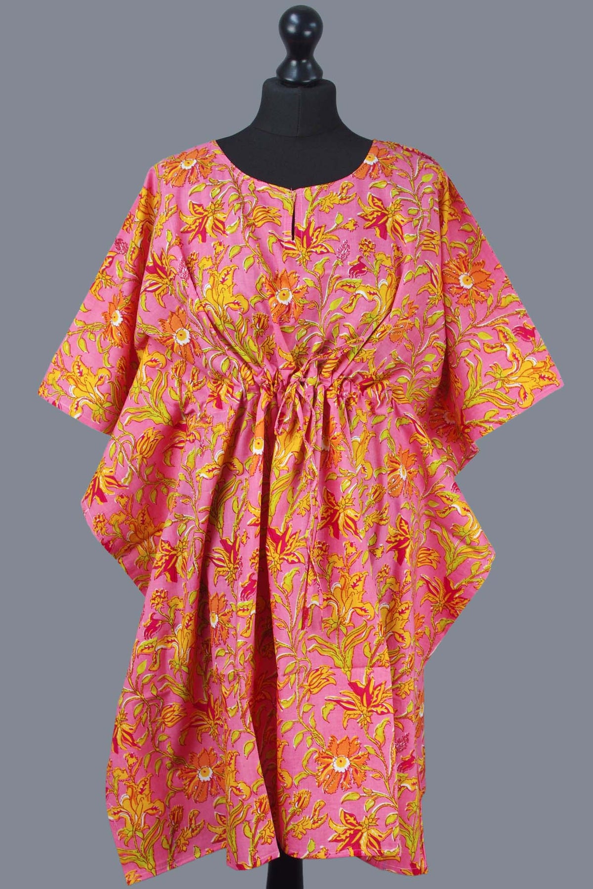 Block Printed Cotton Coverup / Kaftans - Pink Yellow Floral