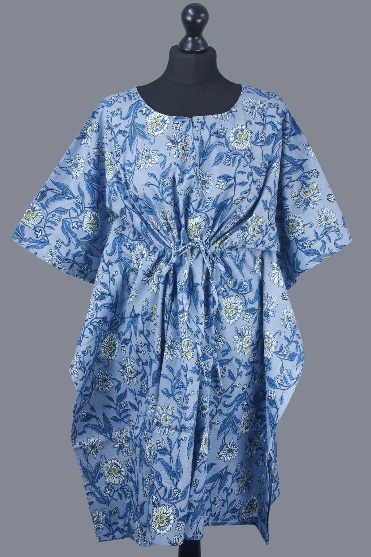 Block Printed Cotton Coverup / Kaftans - Grey Floral