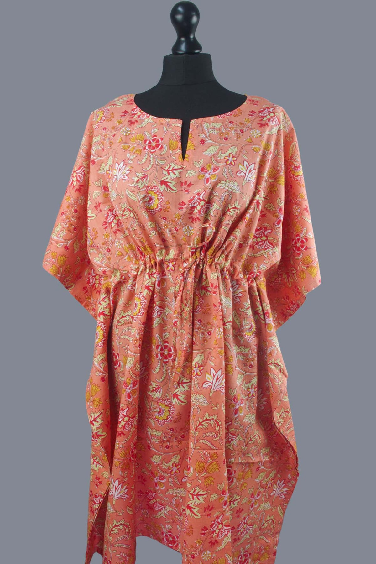 Block Printed Cotton Coverup / Kaftans - Peachy Orange Floral