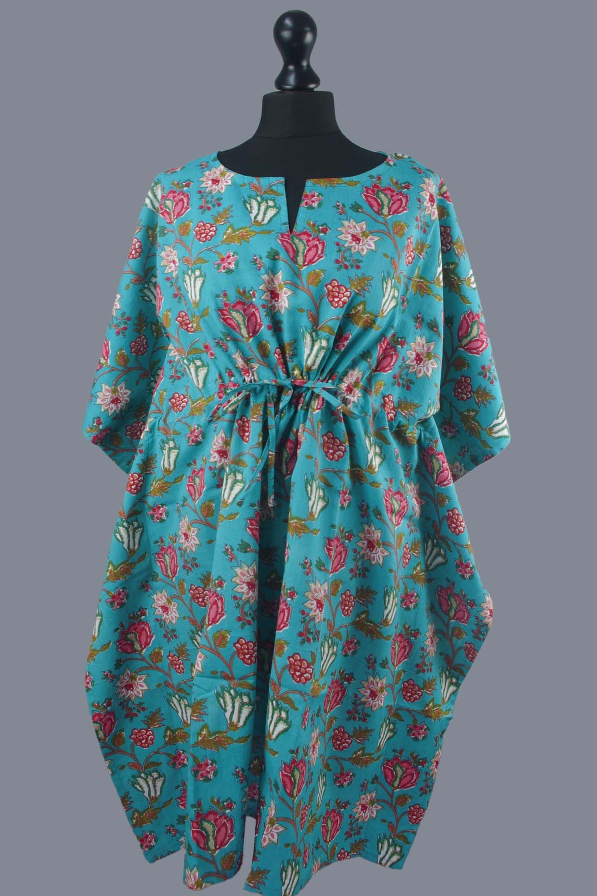 Block Printed Cotton Coverup / Kaftans - Turquoise With Red Floral