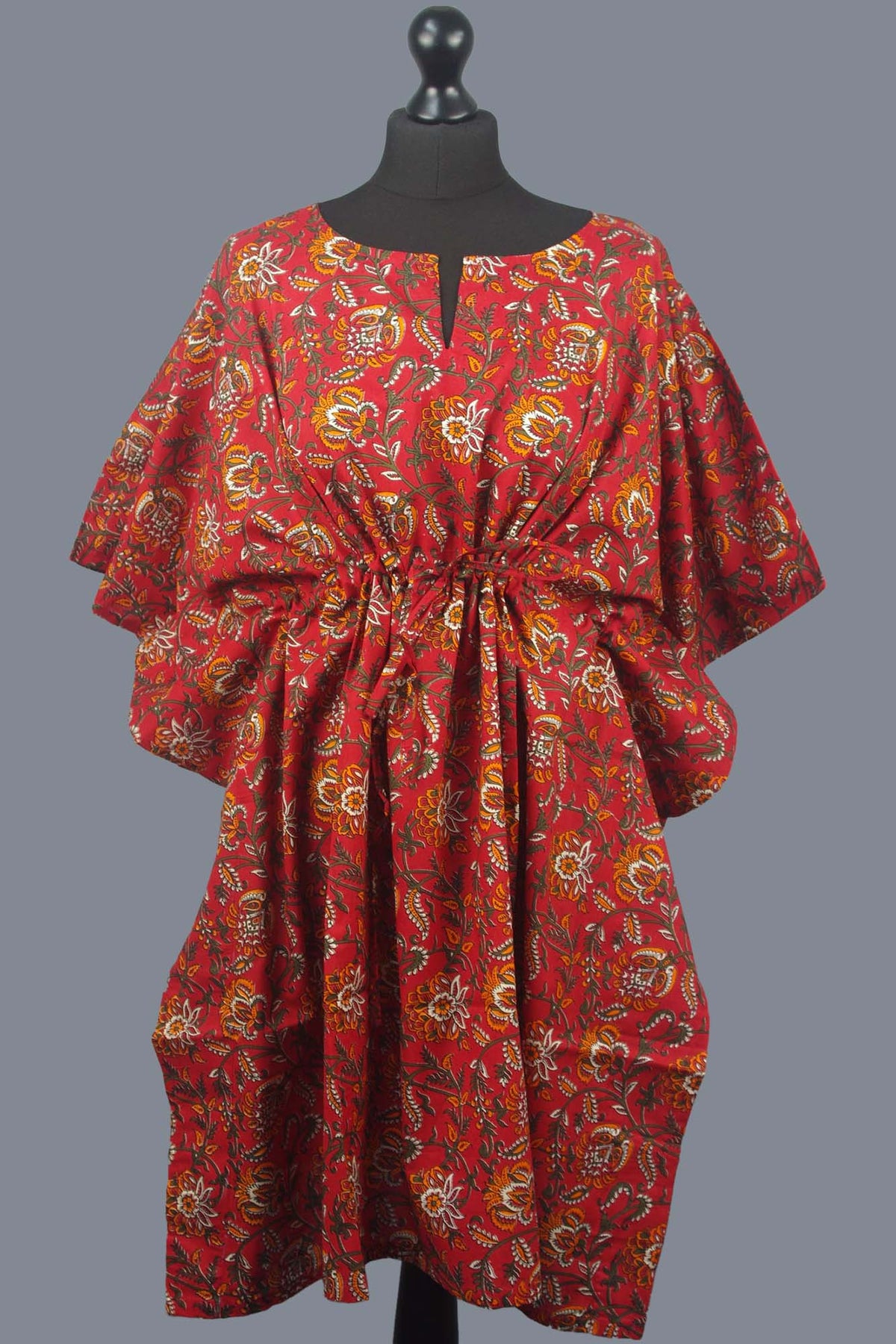 Block Printed Cotton Coverup / Kaftans -Maroon Red Carnation