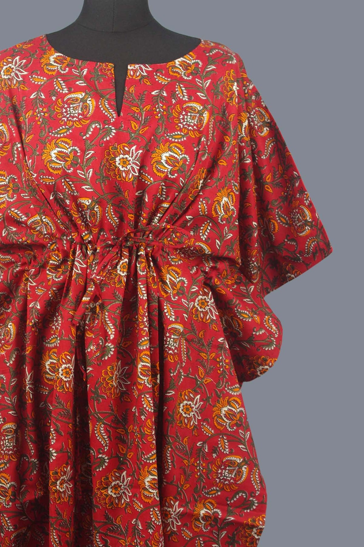 Block Printed Cotton Coverup / Kaftans -Maroon Red Carnation