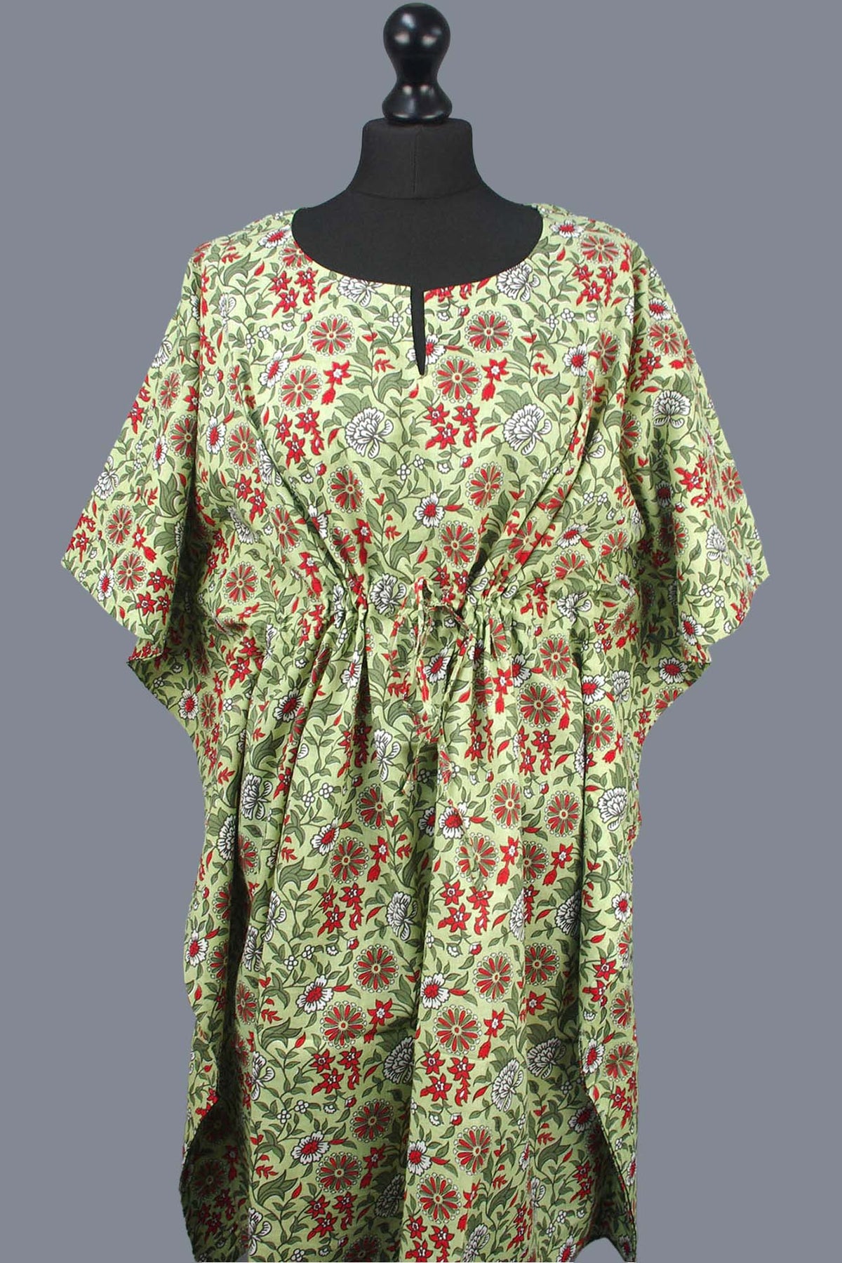Block Printed Cotton Coverup / Kaftans - Green Red Floral