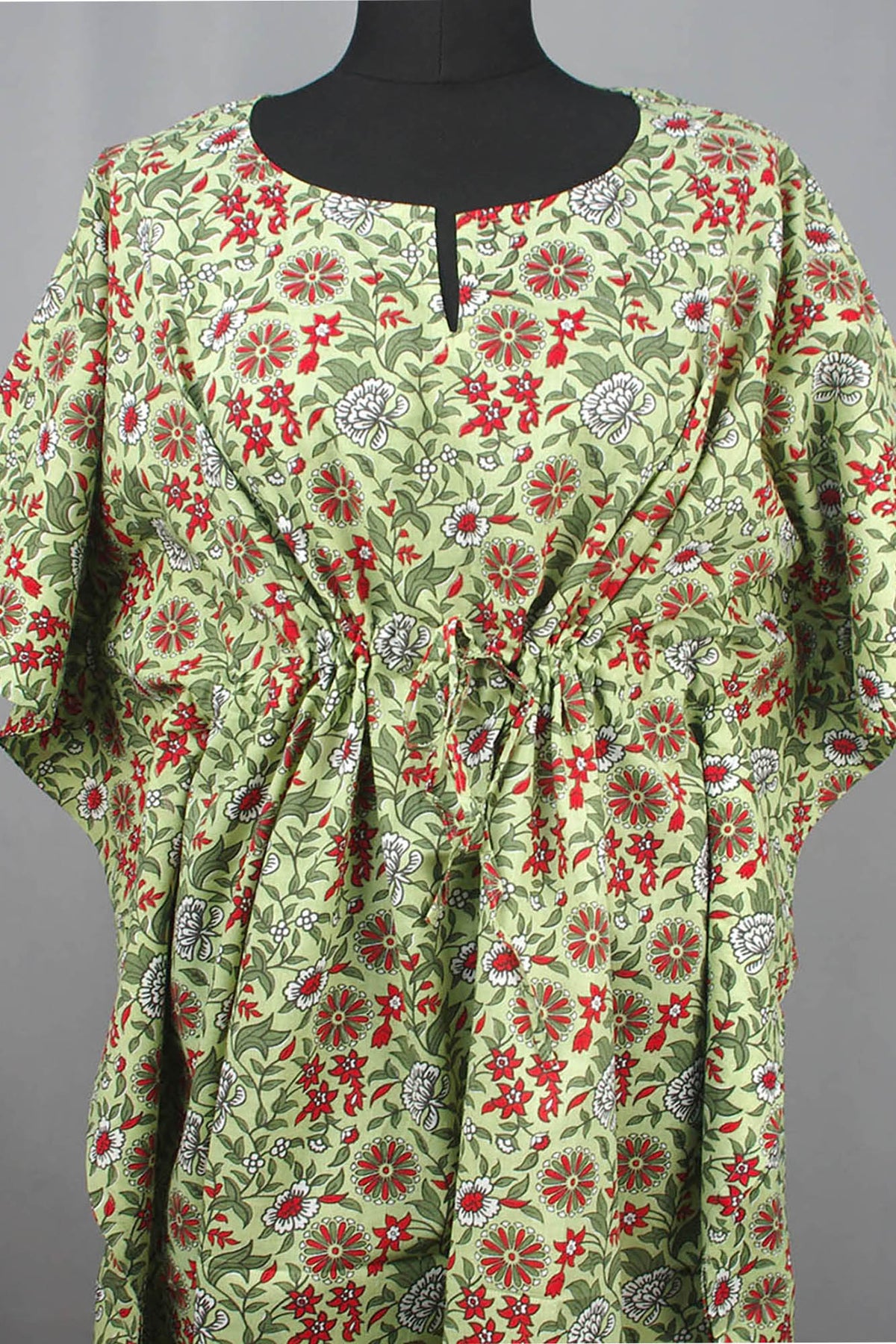 Block Printed Cotton Coverup / Kaftans - Green Red Floral