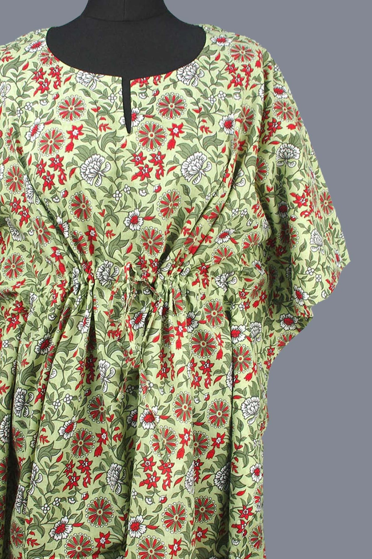 Block Printed Cotton Coverup / Kaftans - Green Red Floral