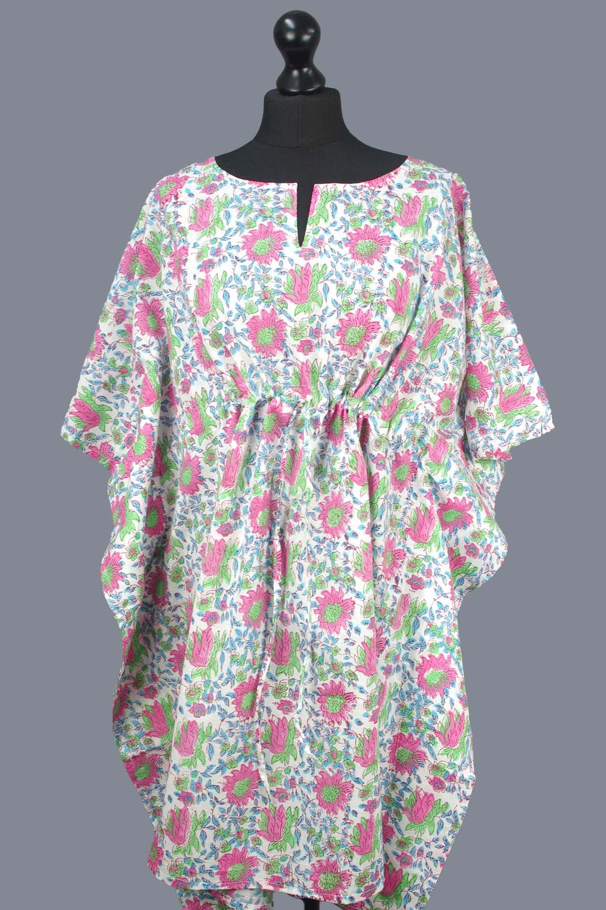 Block Printed Cotton Coverup / Kaftans - White Floral