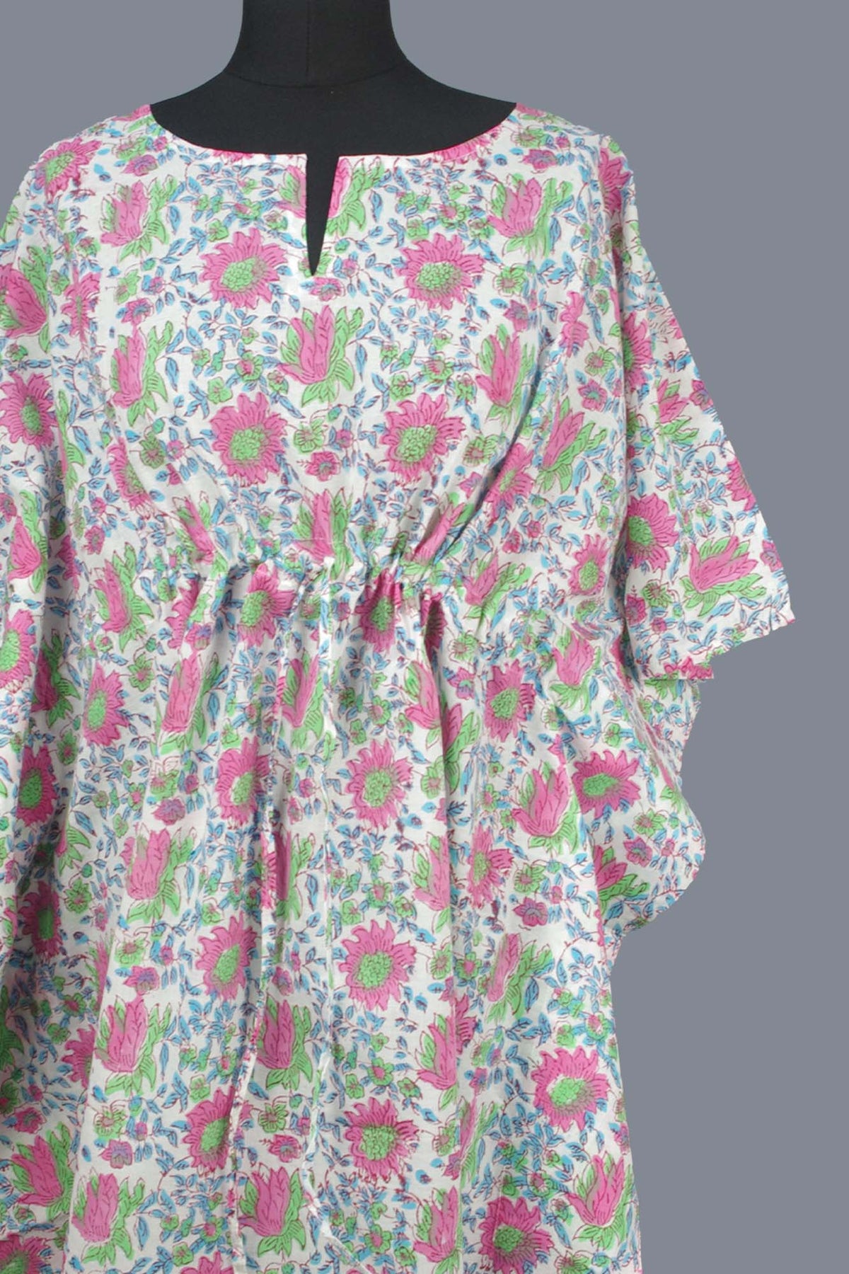 Block Printed Cotton Coverup / Kaftans - White Floral
