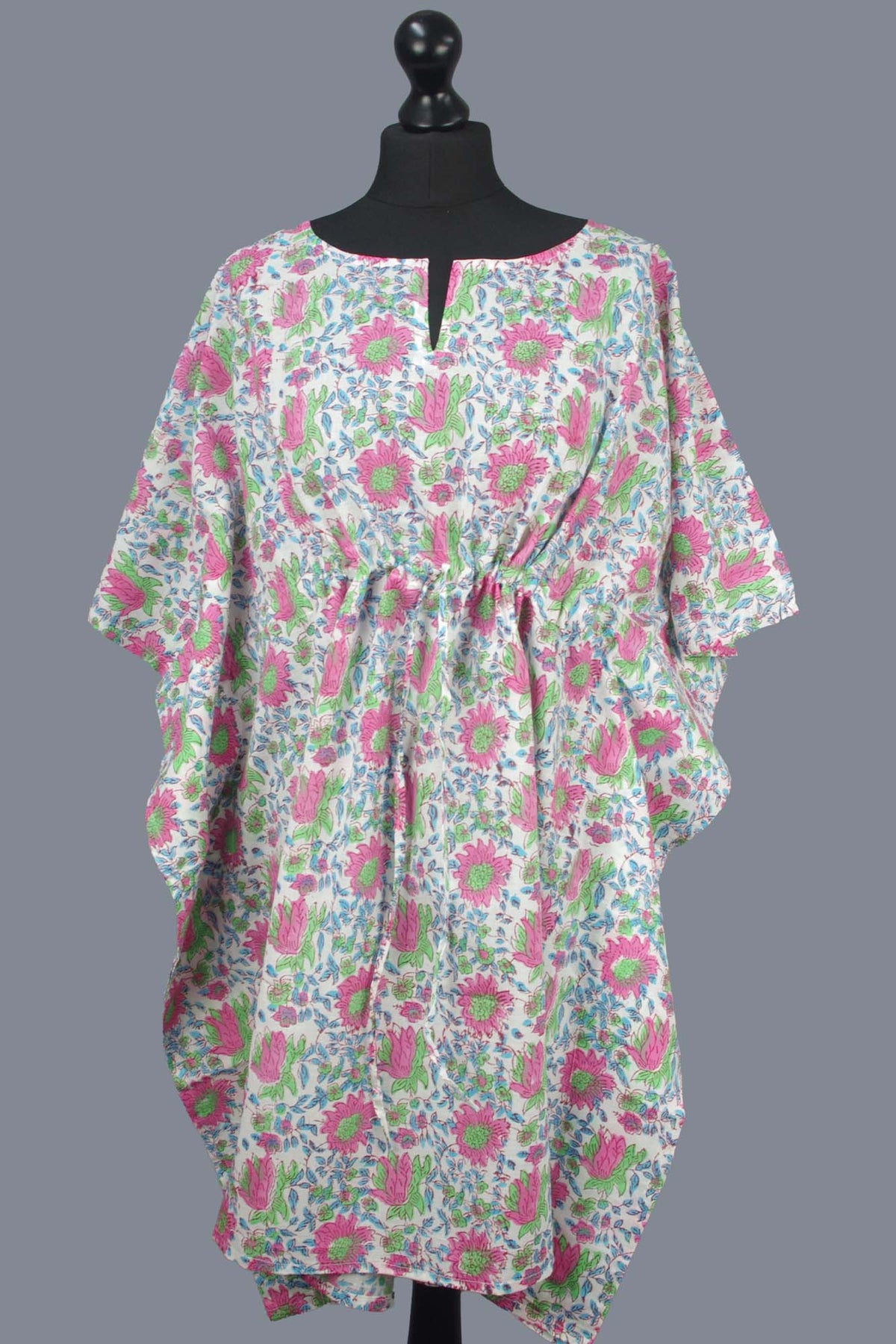Block Printed Cotton Coverup / Kaftans - White Floral