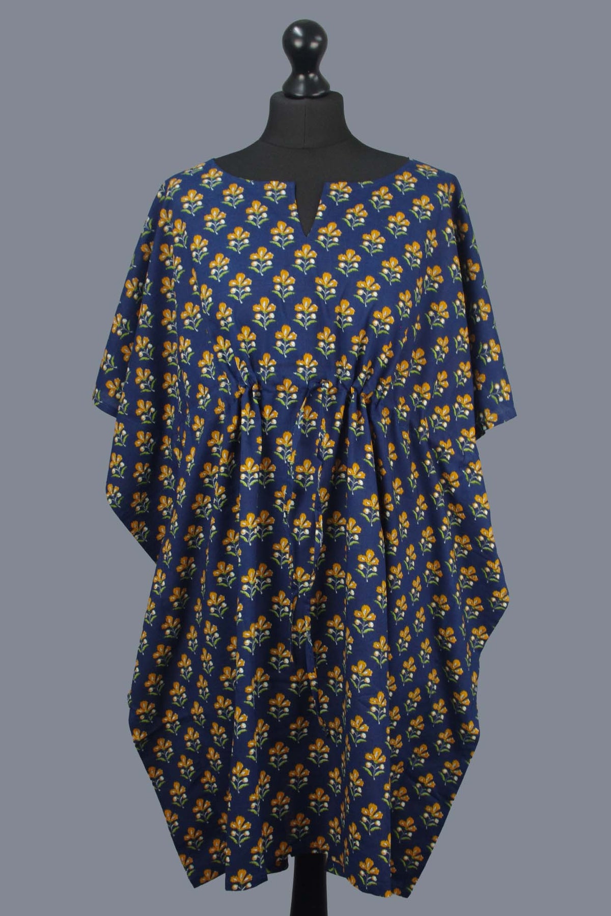 Block Printed Cotton Coverup / Kaftans - Yellow Blue Floral