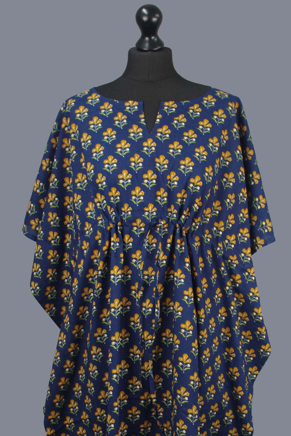 Block Printed Cotton Coverup / Kaftans - Yellow Blue Floral