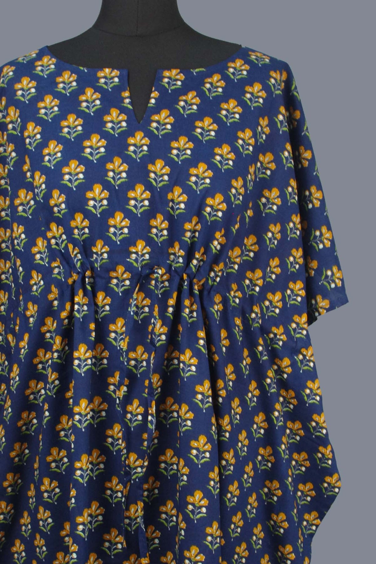 Block Printed Cotton Coverup / Kaftans - Yellow Blue Floral