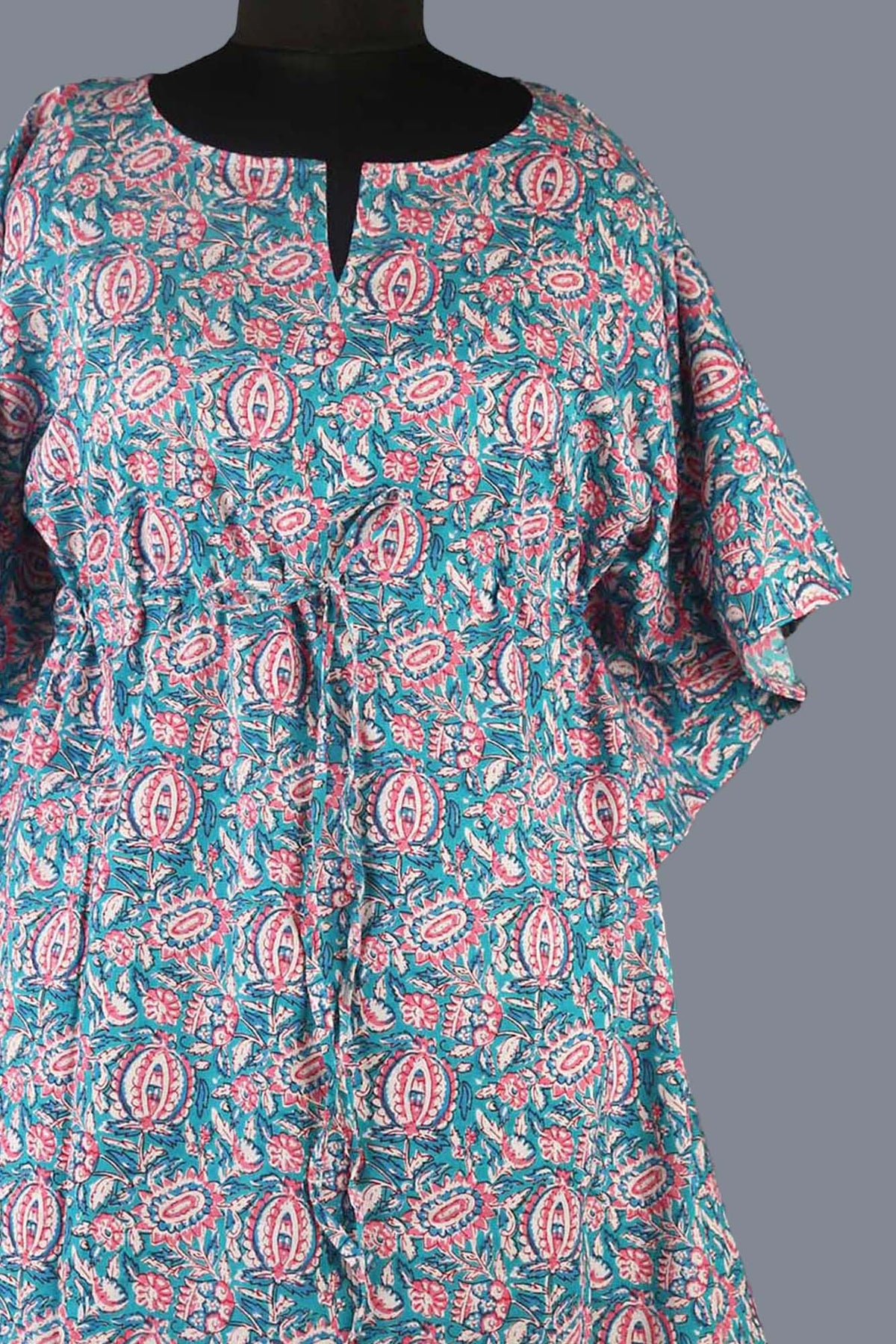 Block Printed Cotton Coverup / Kaftans - Pink Blue Tropical