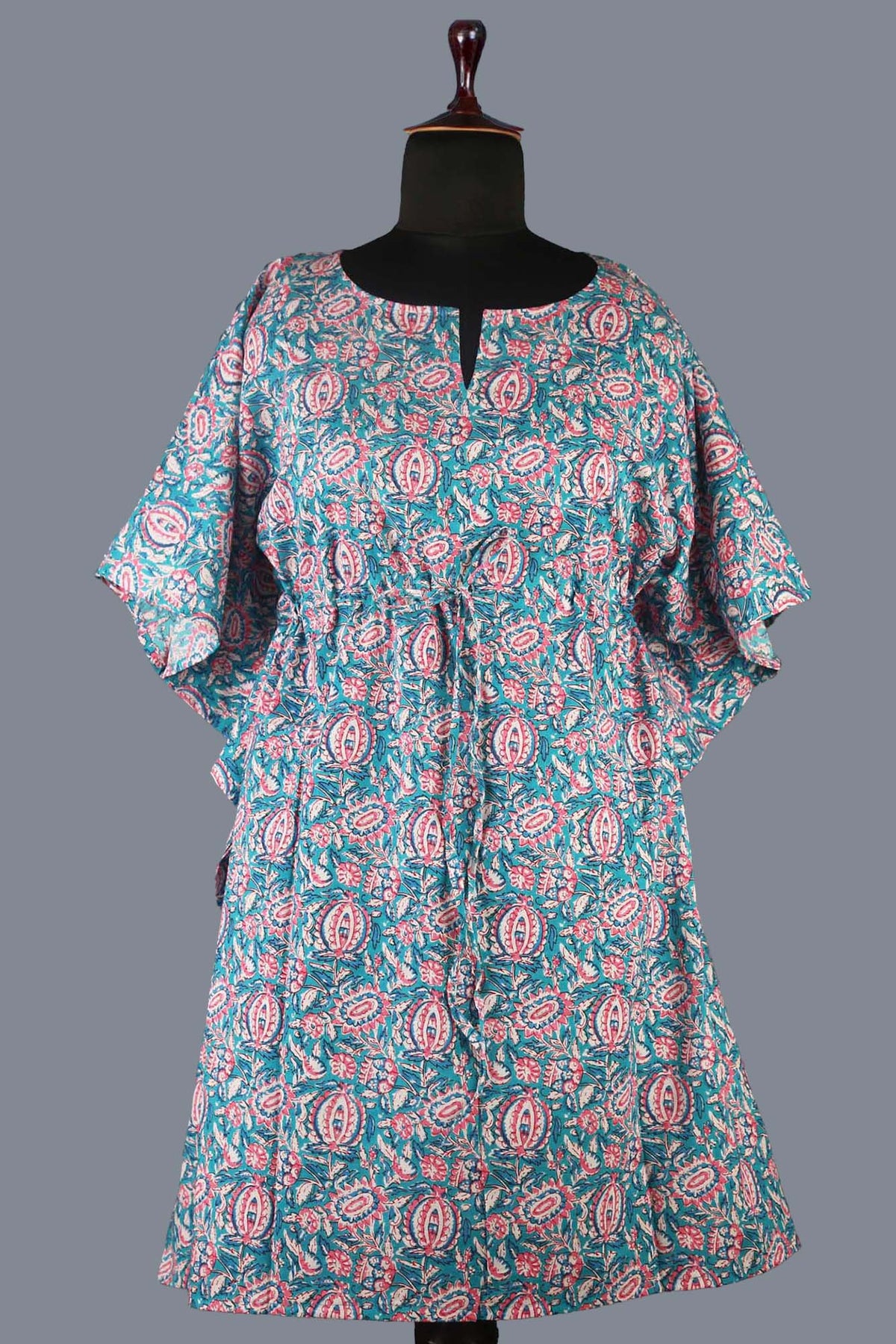 Block Printed Cotton Coverup / Kaftans - Pink Blue Tropical