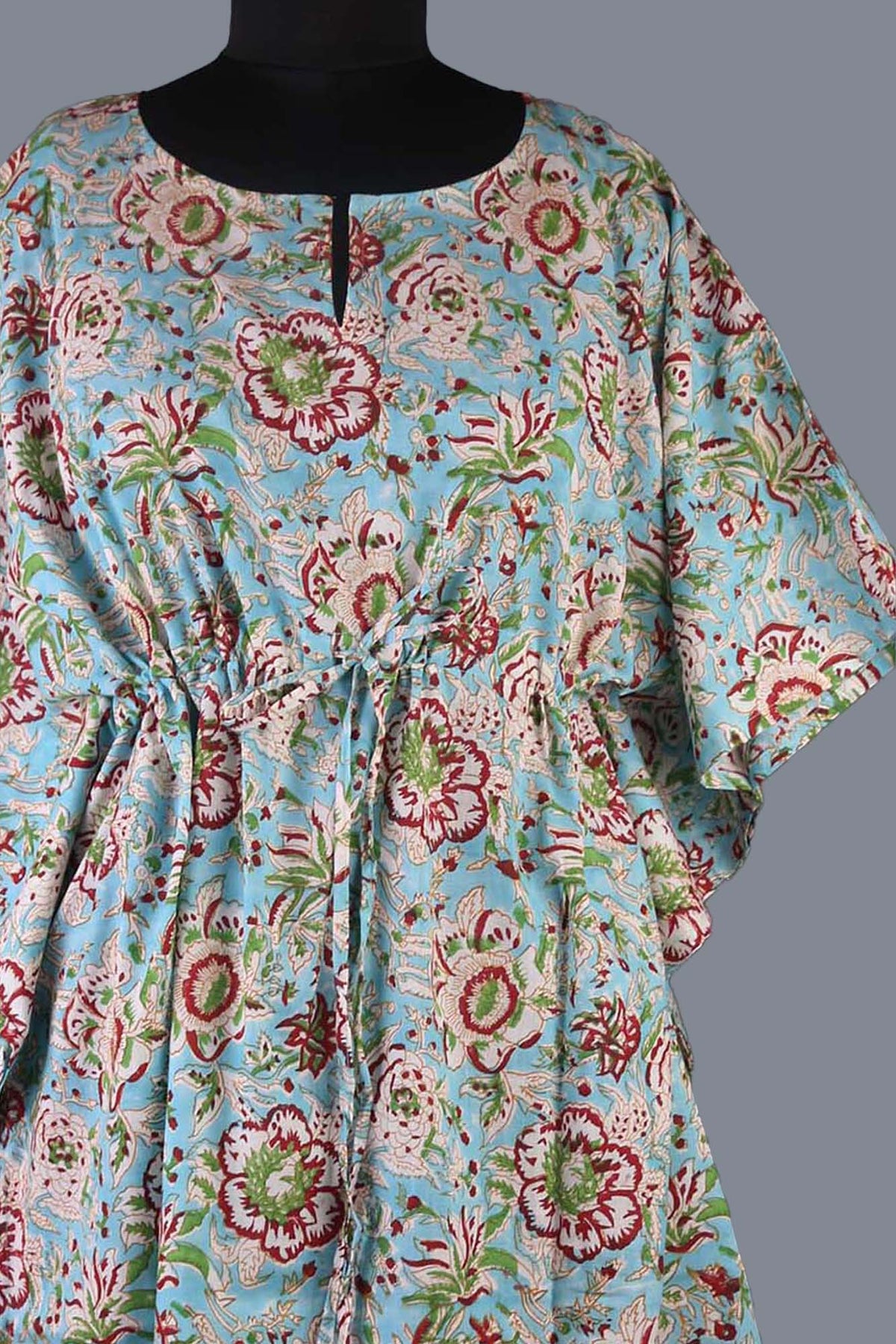 Blockbedruckter Baumwoll-Coverup / Kaftans - Blaue Blätter
