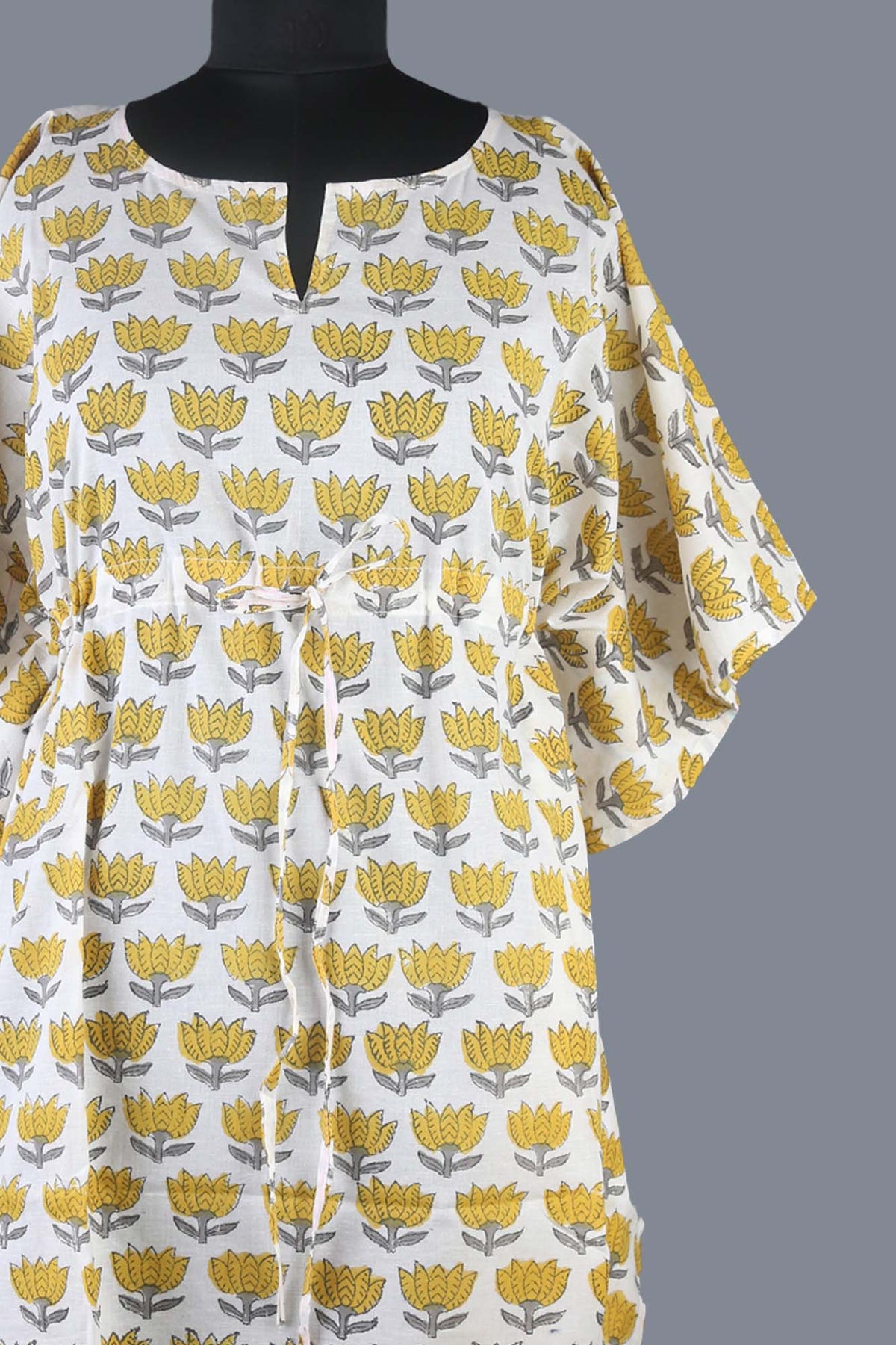 Blockbedruckter Baumwoll-Coverup / Kaftans - Blaue Blätter