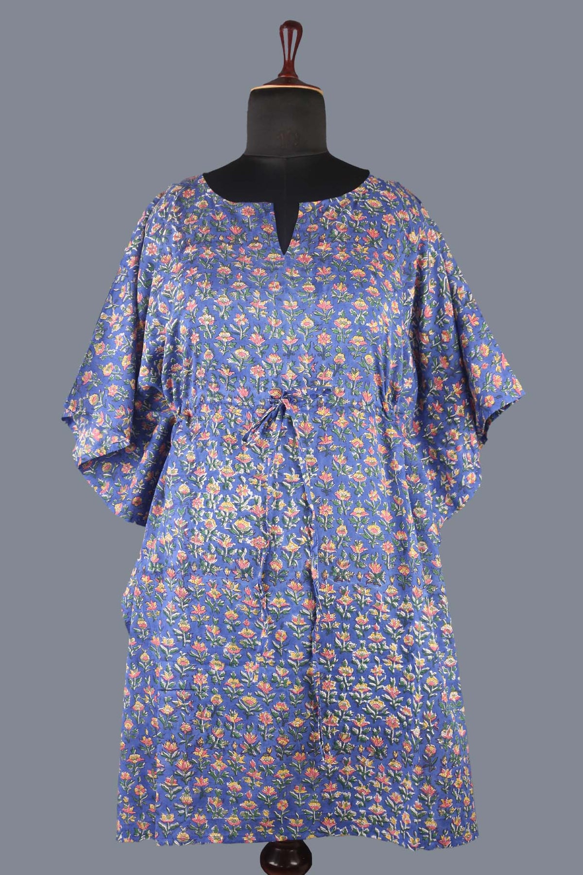 Block Printed Cotton Coverup / Kaftans - Small Flowers On Blue