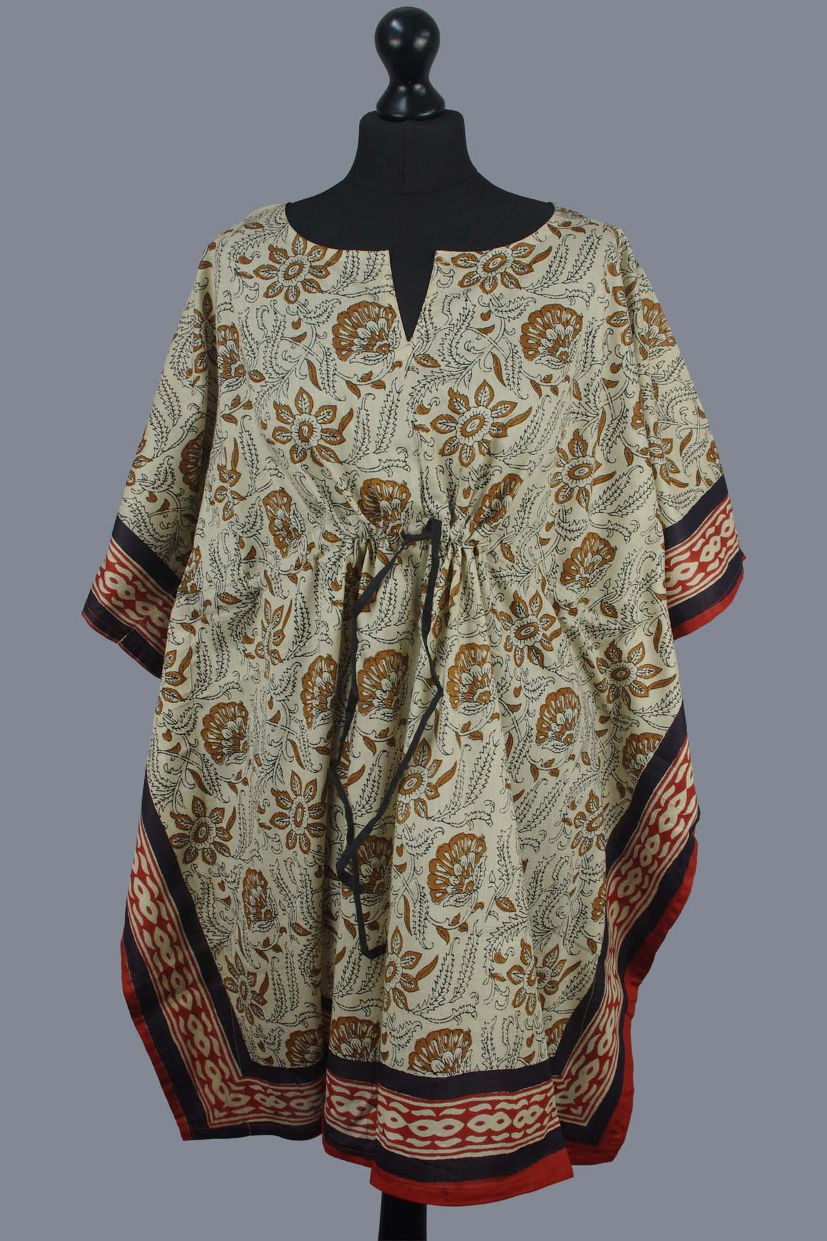 Short Cotton Coverup Kaftans With Border - Floral Jaal Beige