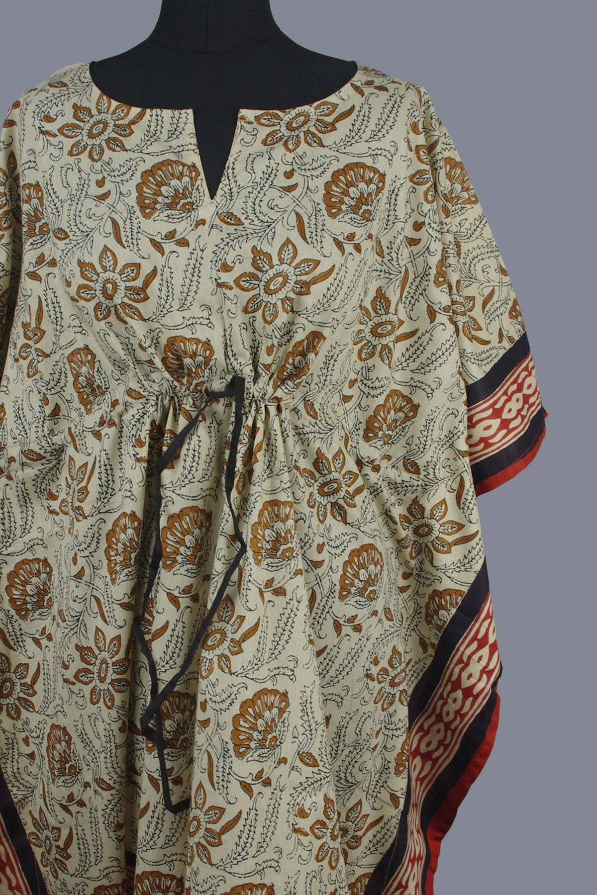 Short Cotton Coverup Kaftans With Border - Floral Jaal Beige