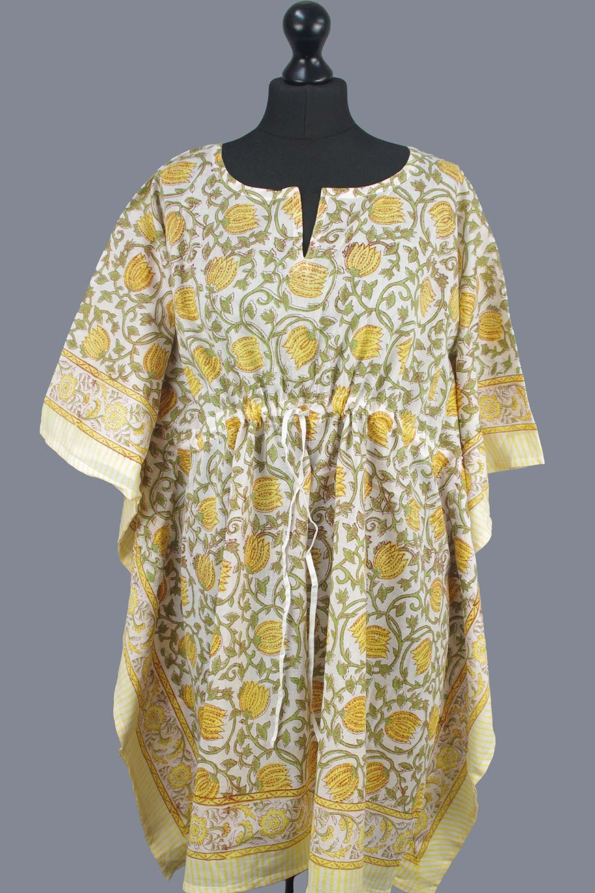 Short Cotton Coverup Kaftans With Border - Yellow Lotus