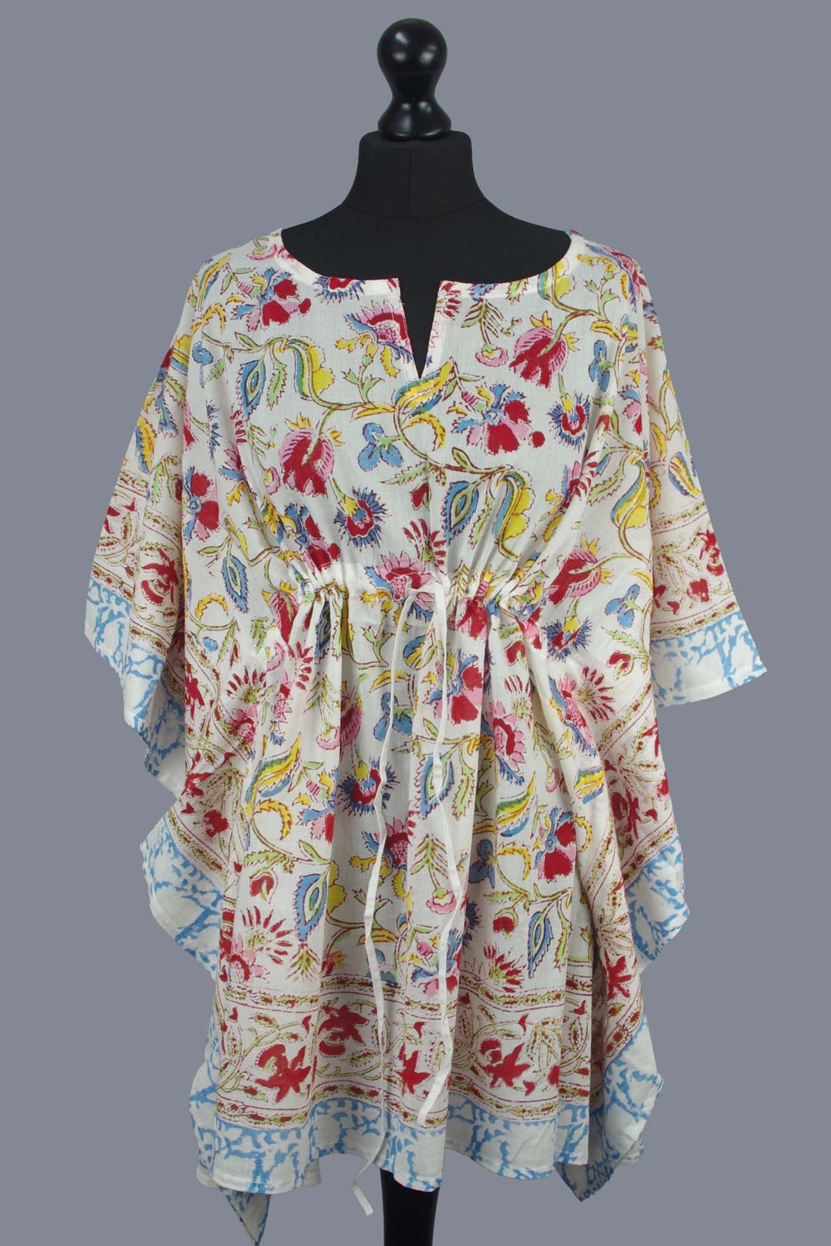 Short Cotton Coverup Kaftans With Border - Pink Red Wildflowers