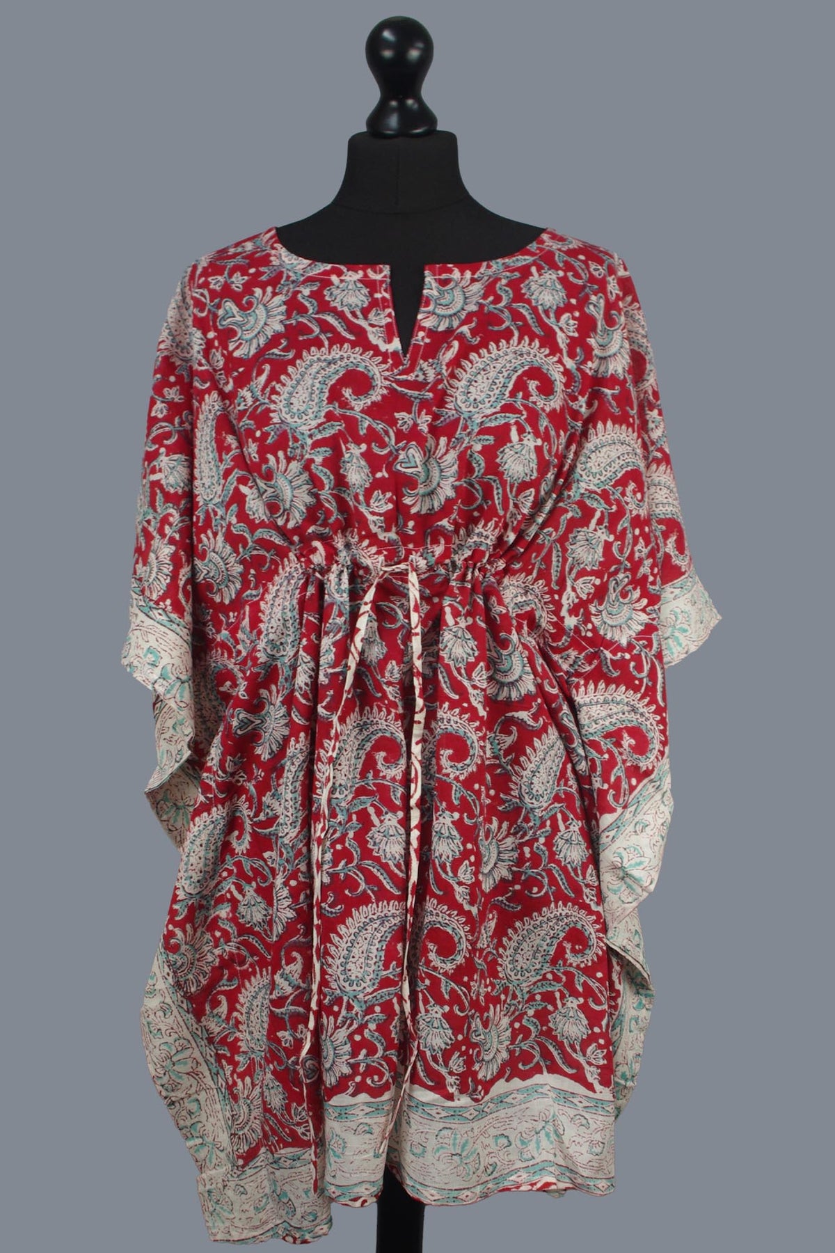 Short Cotton Coverup Kaftans With Border - Red Paisley