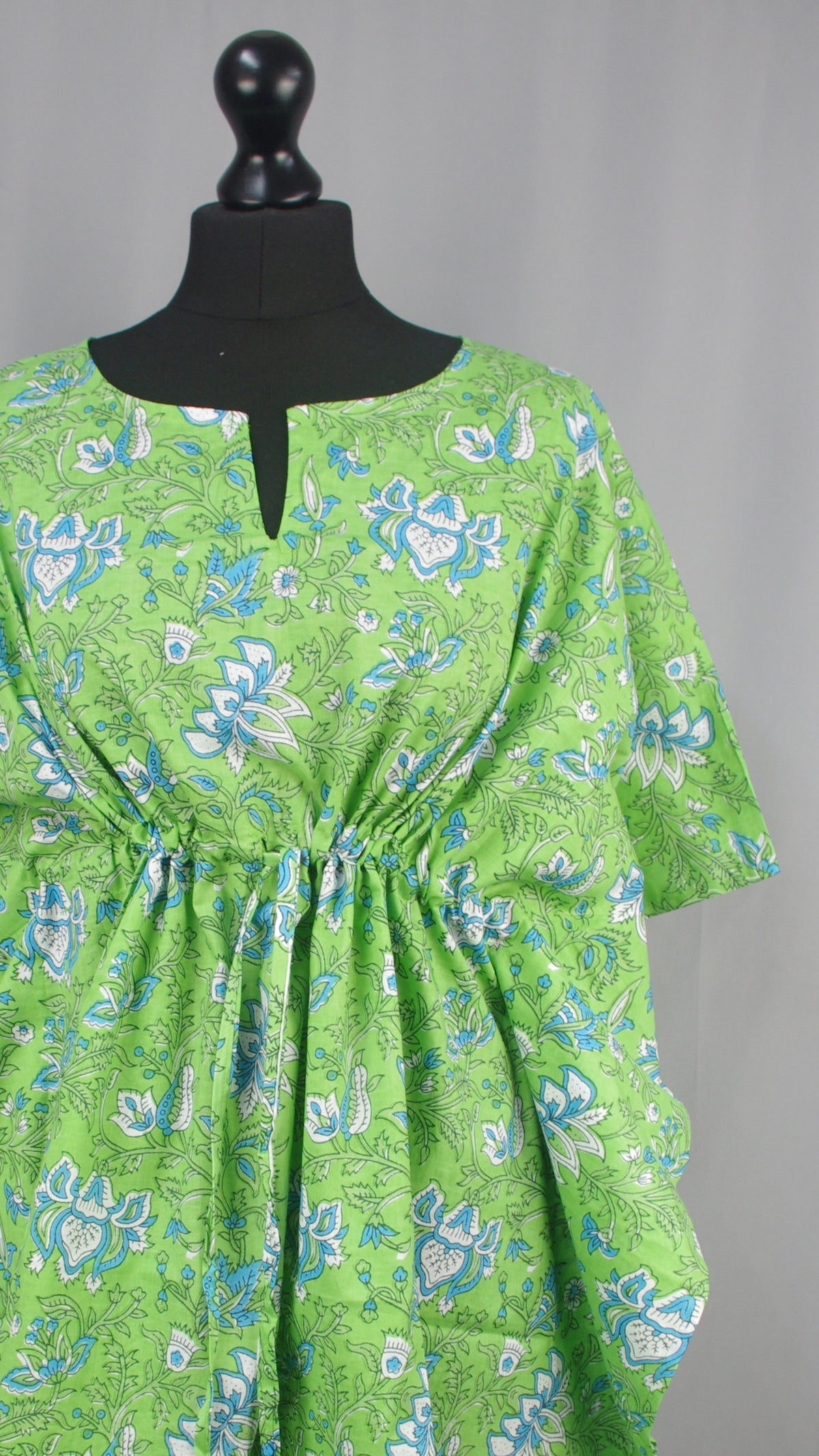 Block Printed Cotton Coverup / Short Kaftans - Green Floral