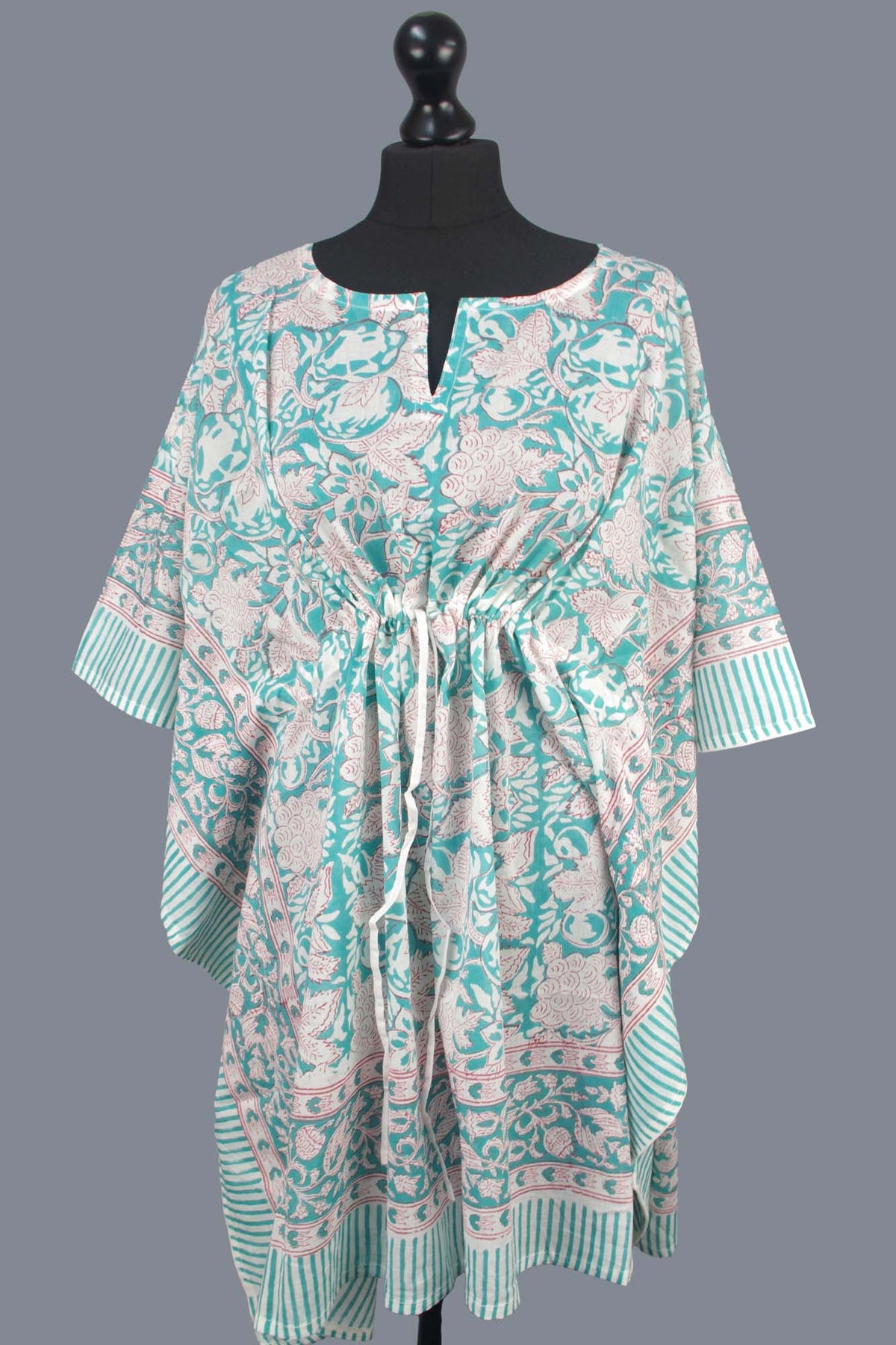 Short Cotton Coverup Kaftans With Border - Light Teal Fruit & Floral