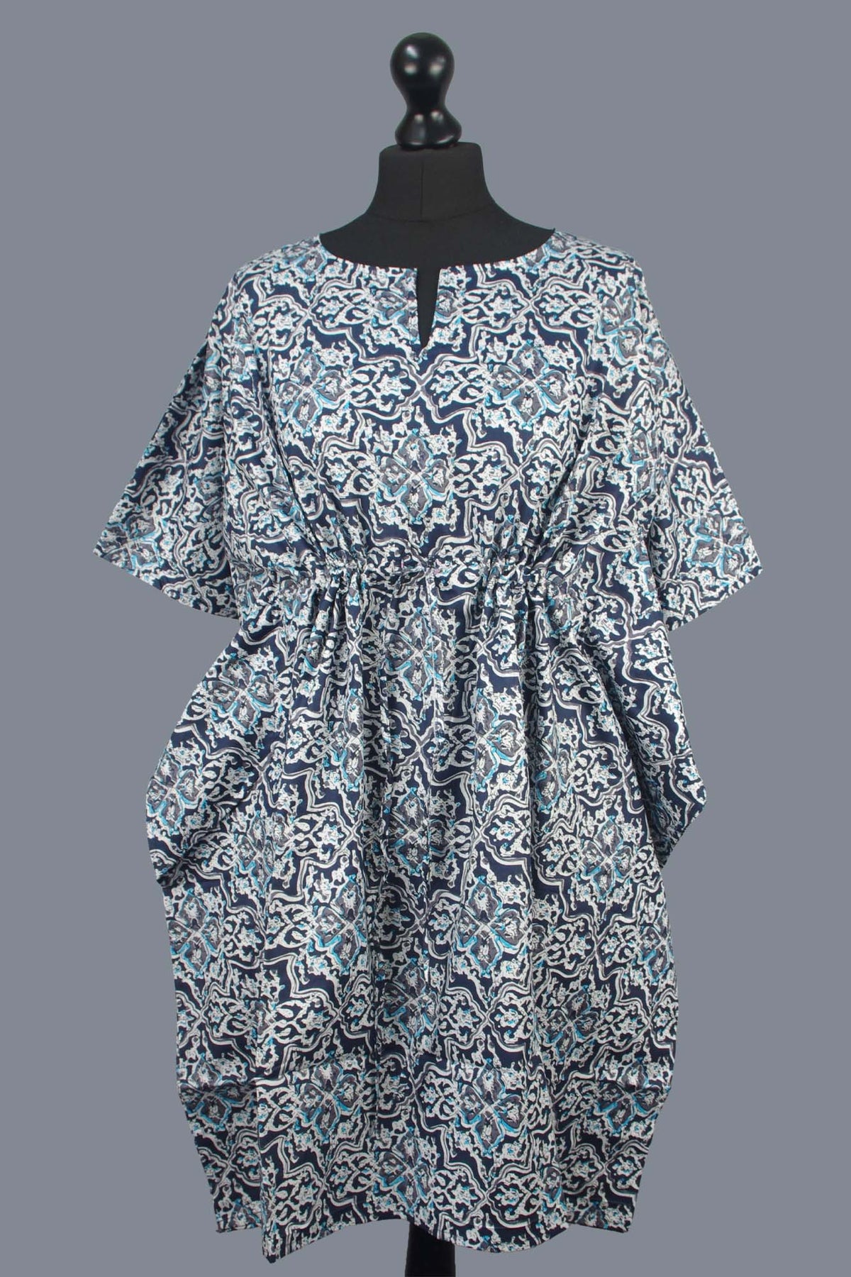 Block Printed Cotton Coverup / Kaftans - Blue & Black Abstract