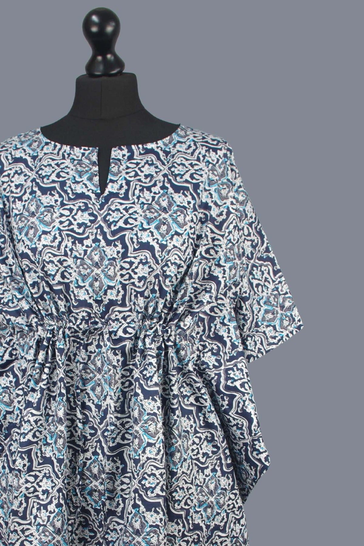 Block Printed Cotton Coverup / Kaftans - Blue & Black Abstract
