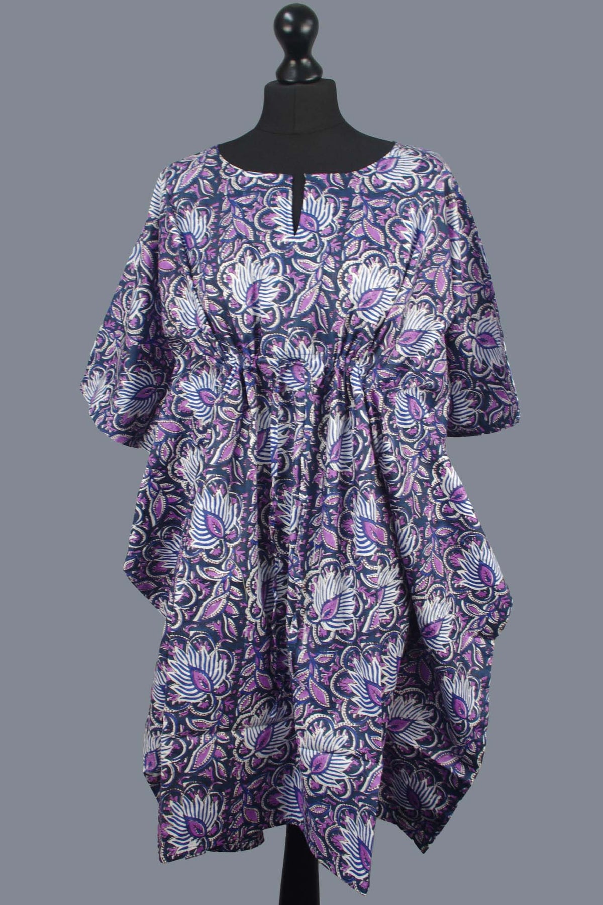 Block Printed Cotton Coverup / Kaftans - Coral Purple Floral