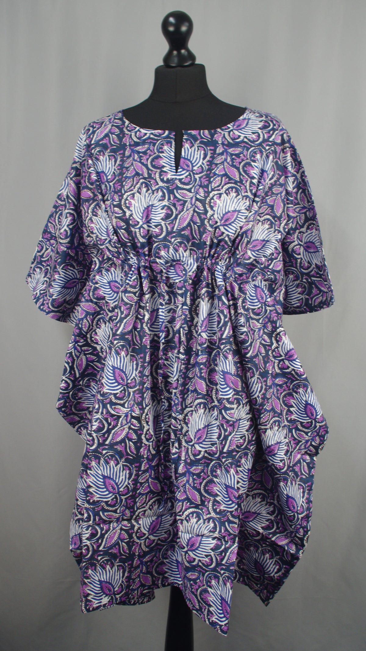 Block Printed Cotton Coverup / Kaftans - Coral Purple Floral