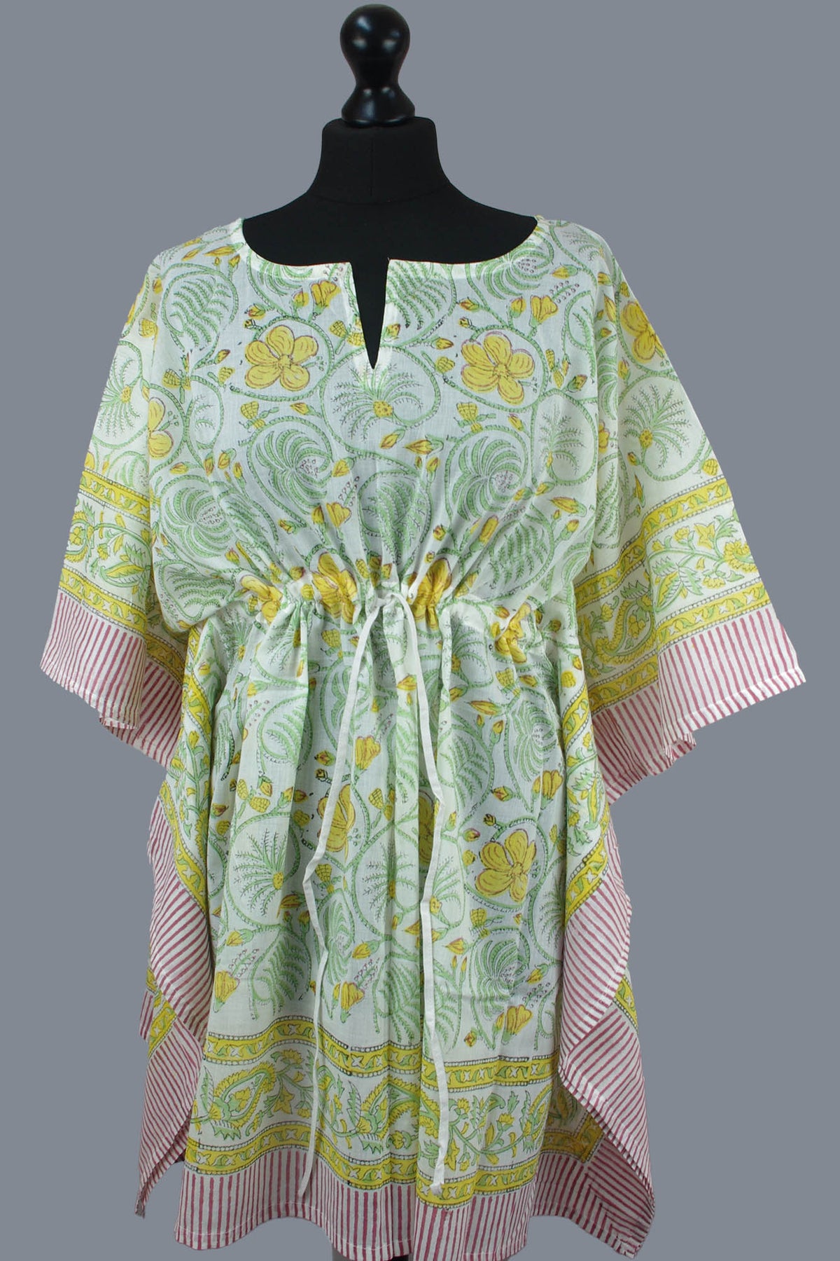 Short Cotton Coverup Kaftans With Border - Yellow Floral Jaal