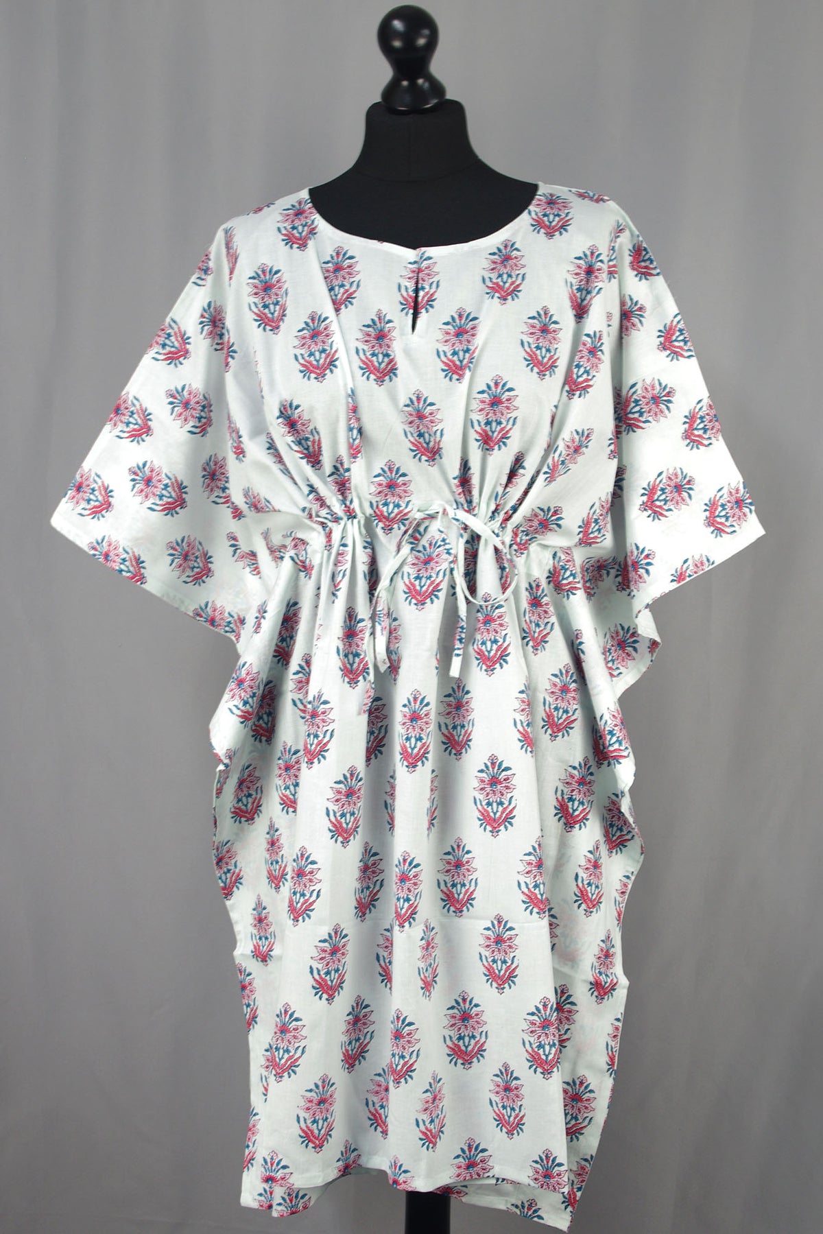 Block Printed Cotton Coverup / Kaftans - Pink Motif On White