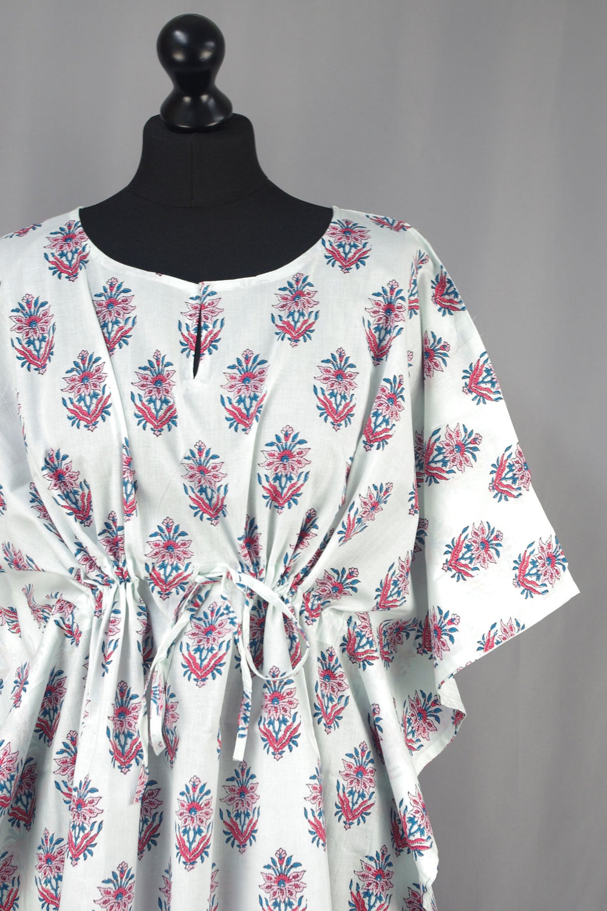 Block Printed Cotton Coverup / Kaftans - Pink Motif On White