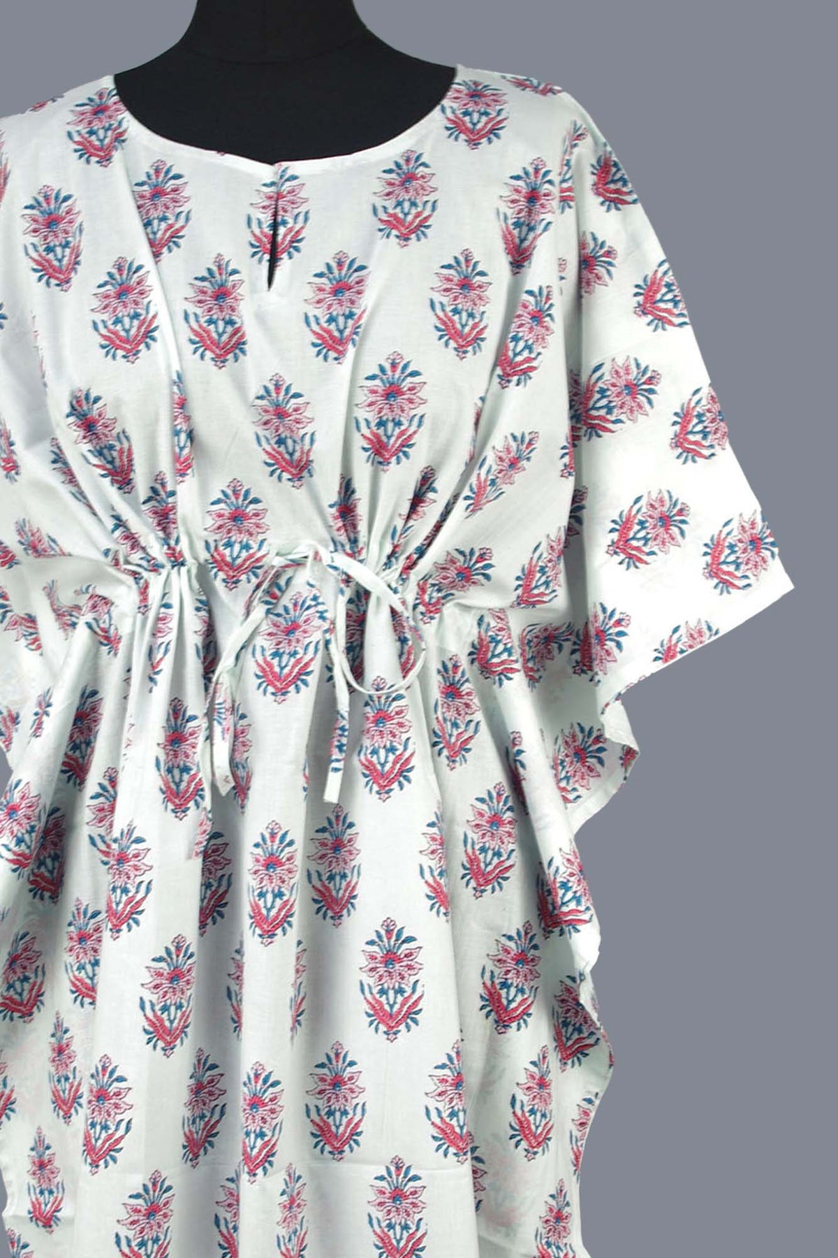 Block Printed Cotton Coverup / Kaftans - Pink Motif On White