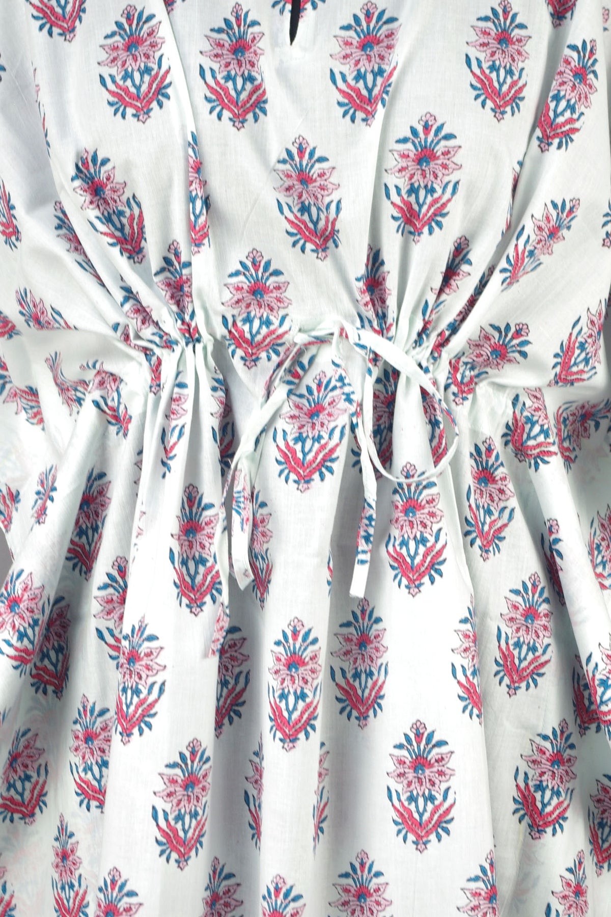 Block Printed Cotton Coverup / Kaftans - Pink Motif On White