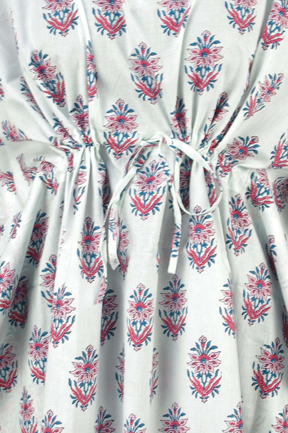 Block Printed Cotton Coverup / Kaftans - Pink Motif On White