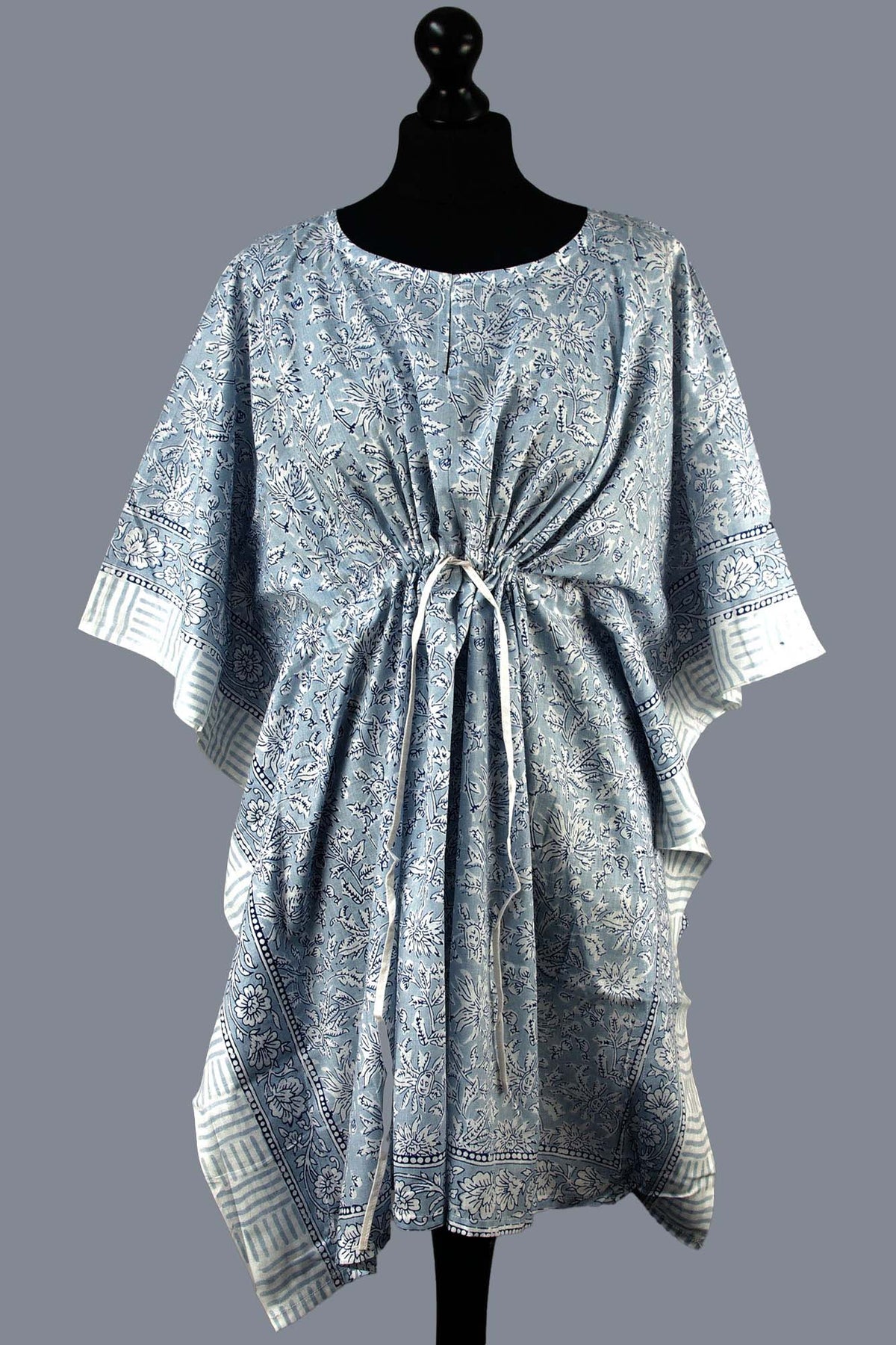 Short Cotton Coverup Kaftans With Border - Grey Floral