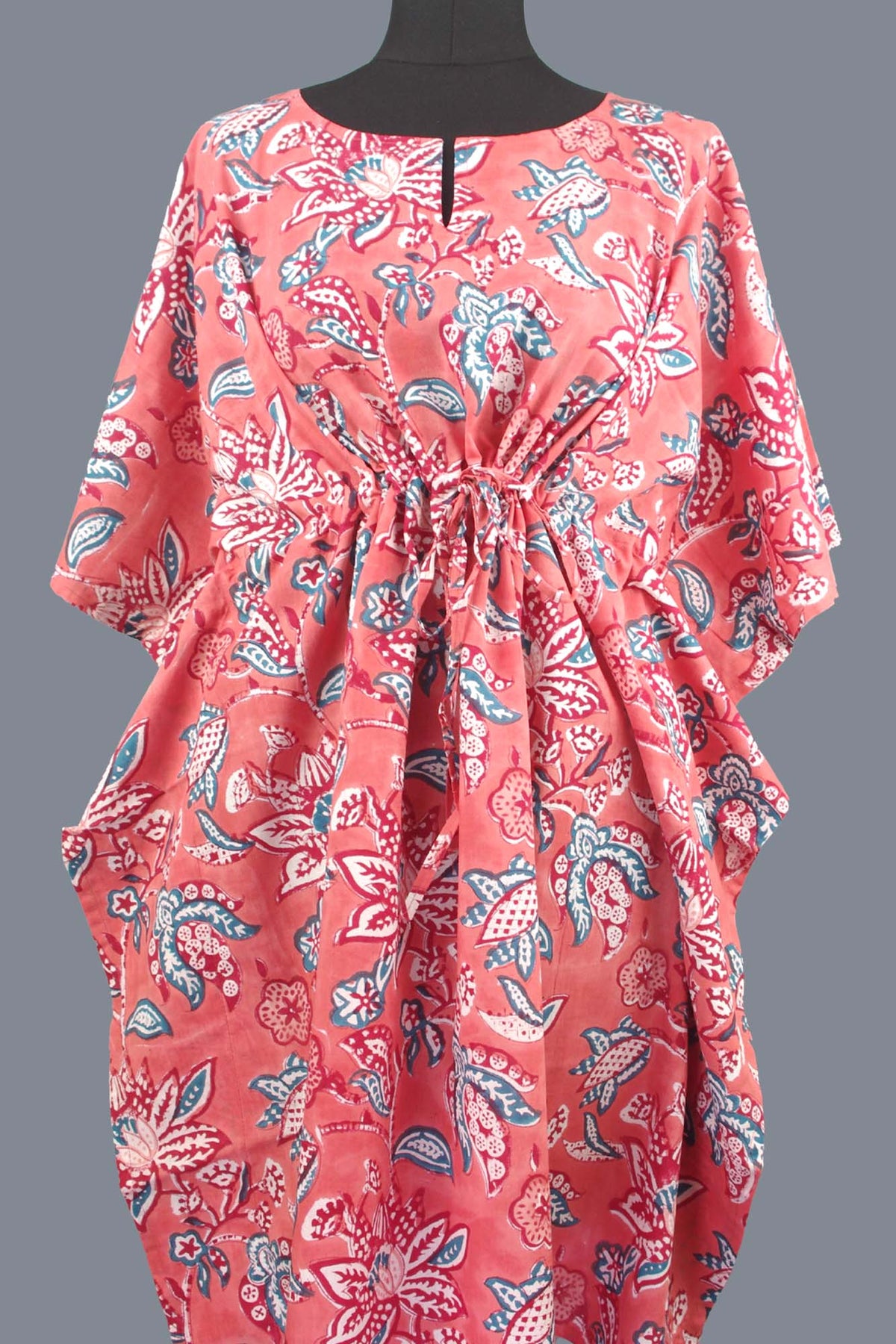 Block Printed Cotton Coverup / Kaftans - Salmon With Red  Floral