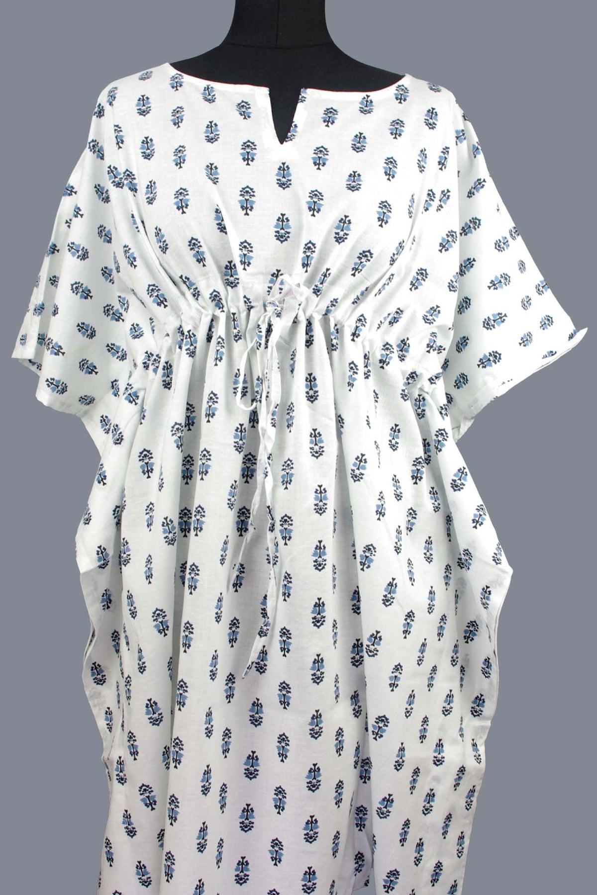 Block Printed Cotton Coverup / Kaftans - Blue Motifs On White