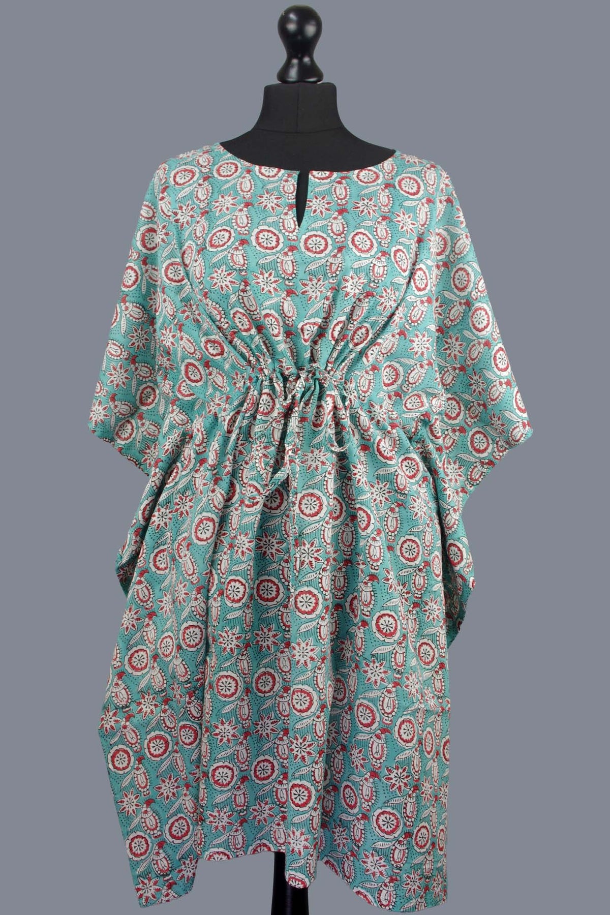 Block Printed Cotton Coverup / Kaftans -Red Floral Paisley On Teal