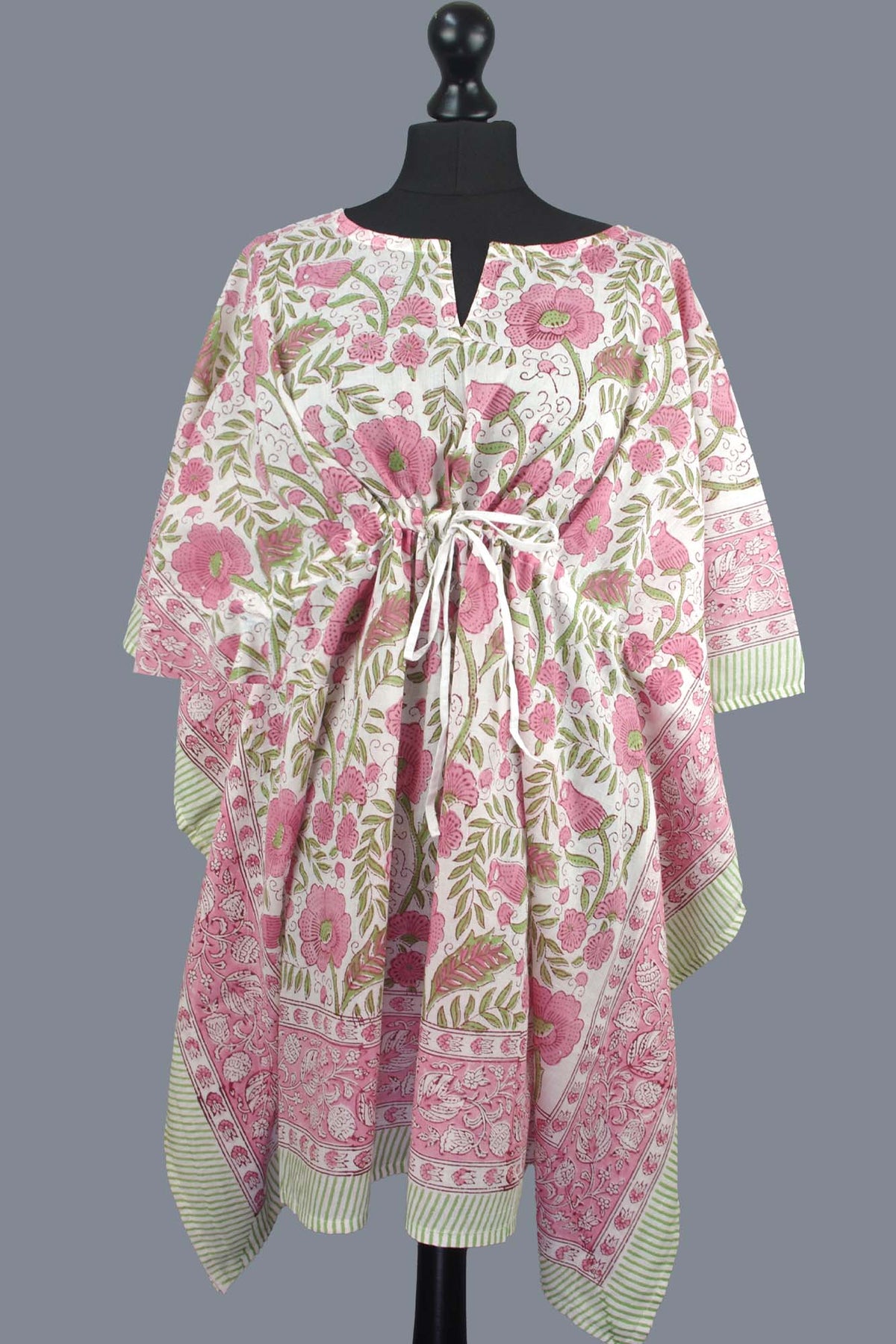 Block Printed Cotton Coverup / Kaftans - Pink Carnation With Border