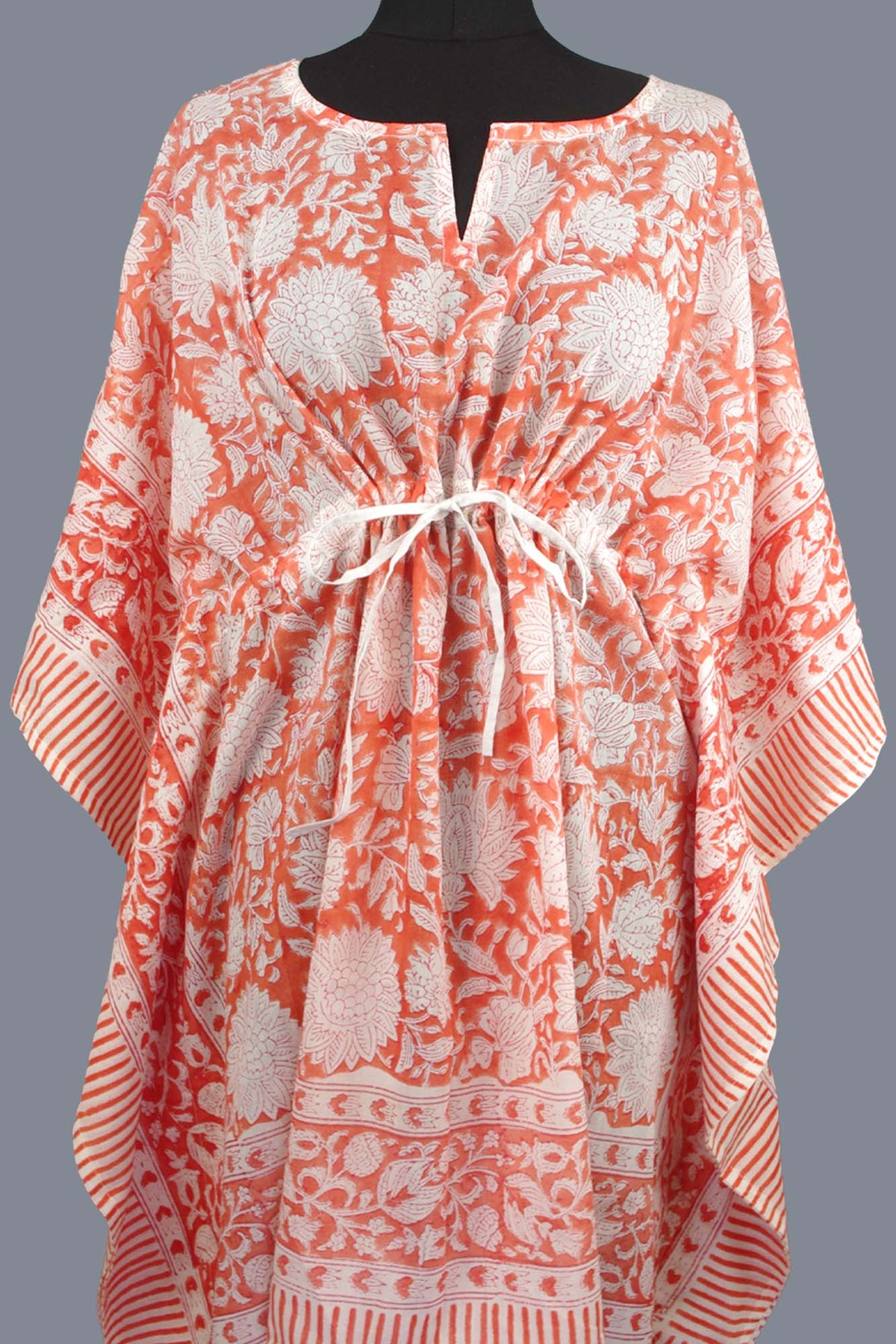 Block Printed Cotton Coverup / Kaftans - Orange Floral With Border