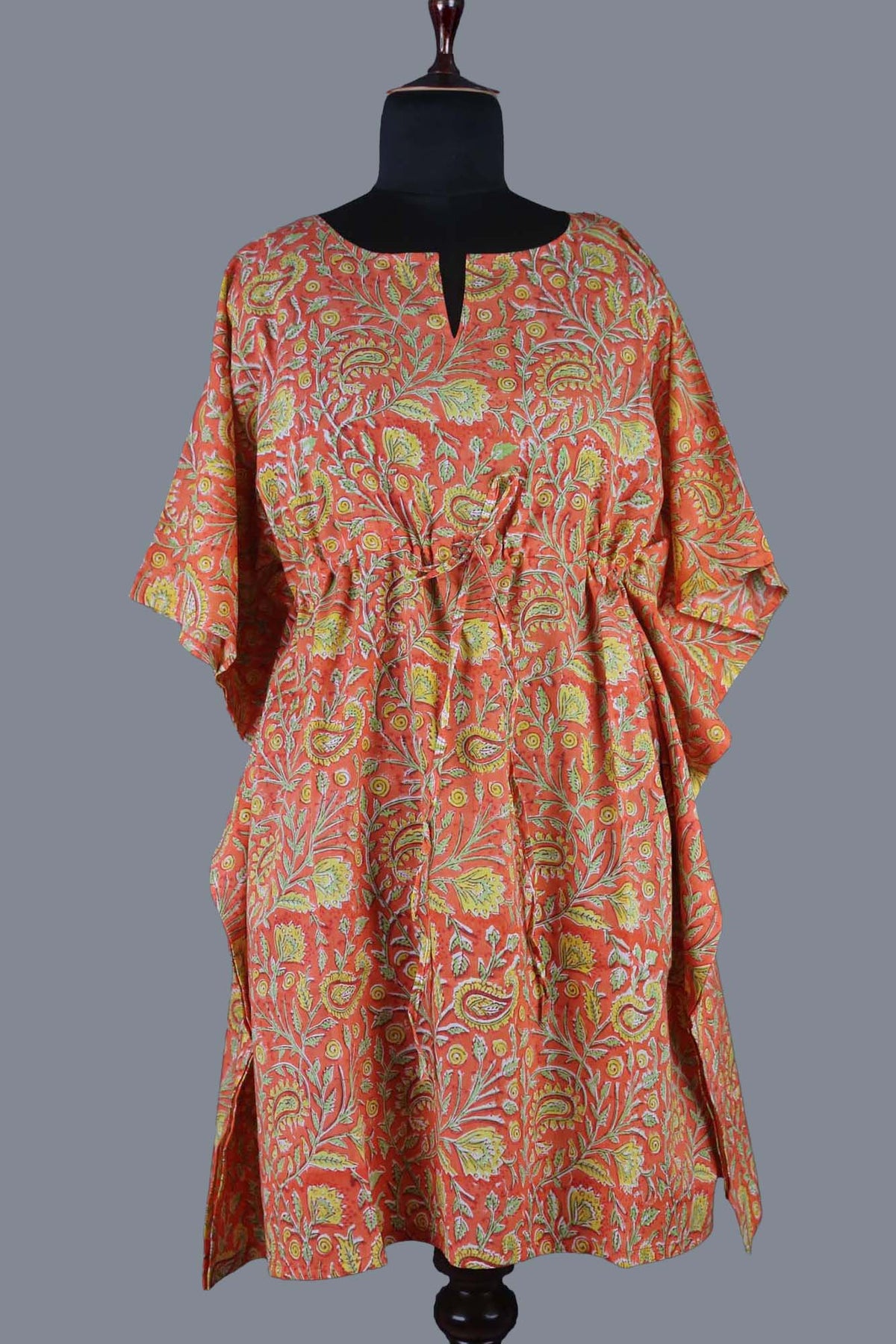 Blockbedruckter Baumwoll-Coverup / Kaftans - Blaue Blätter