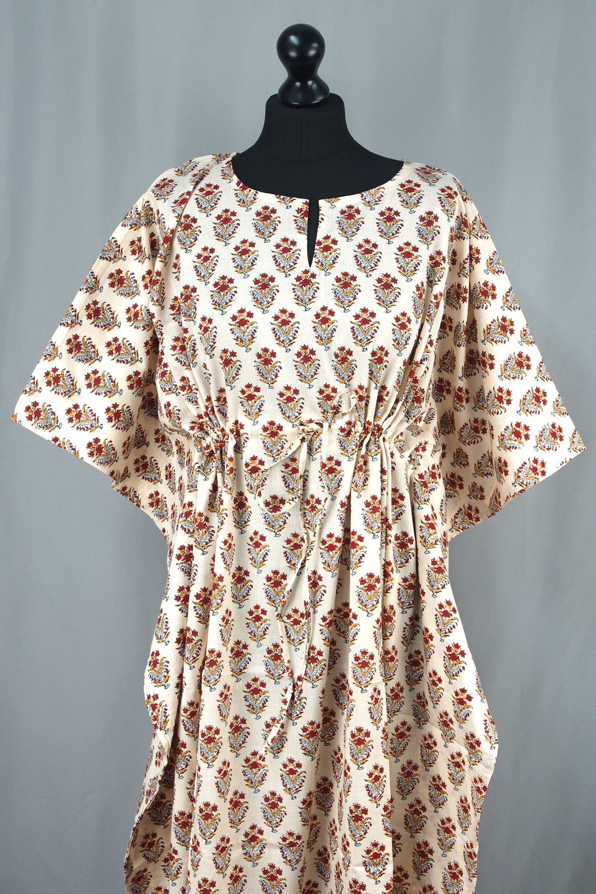 Cotton Long Kaftan - Red Motif On Cream Base