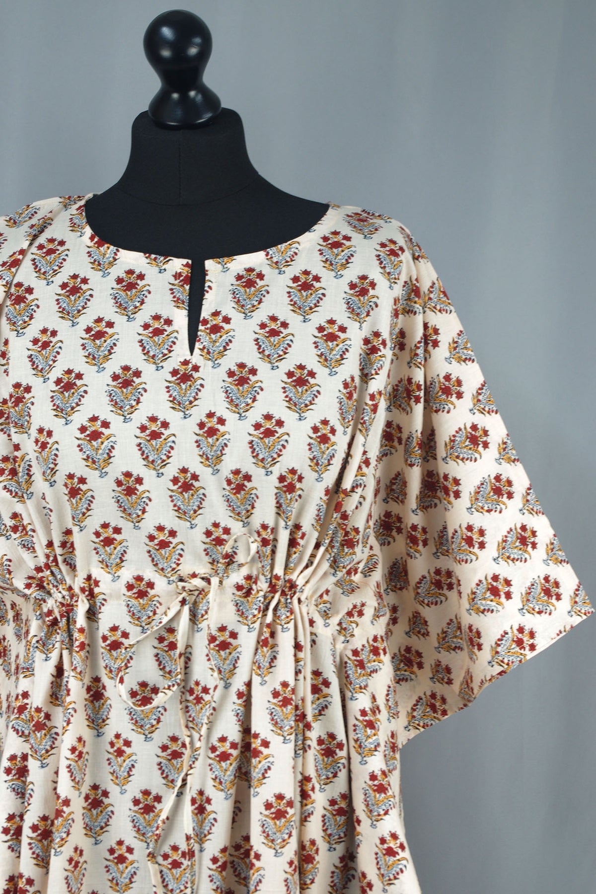 Cotton Long Kaftan - Red Motif On Cream Base