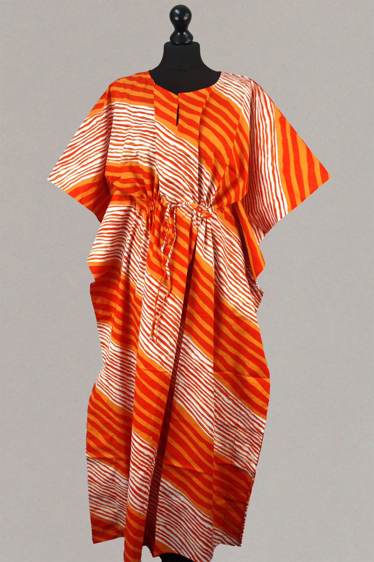 Cotton Long Kaftan - Orange And Red Stripes